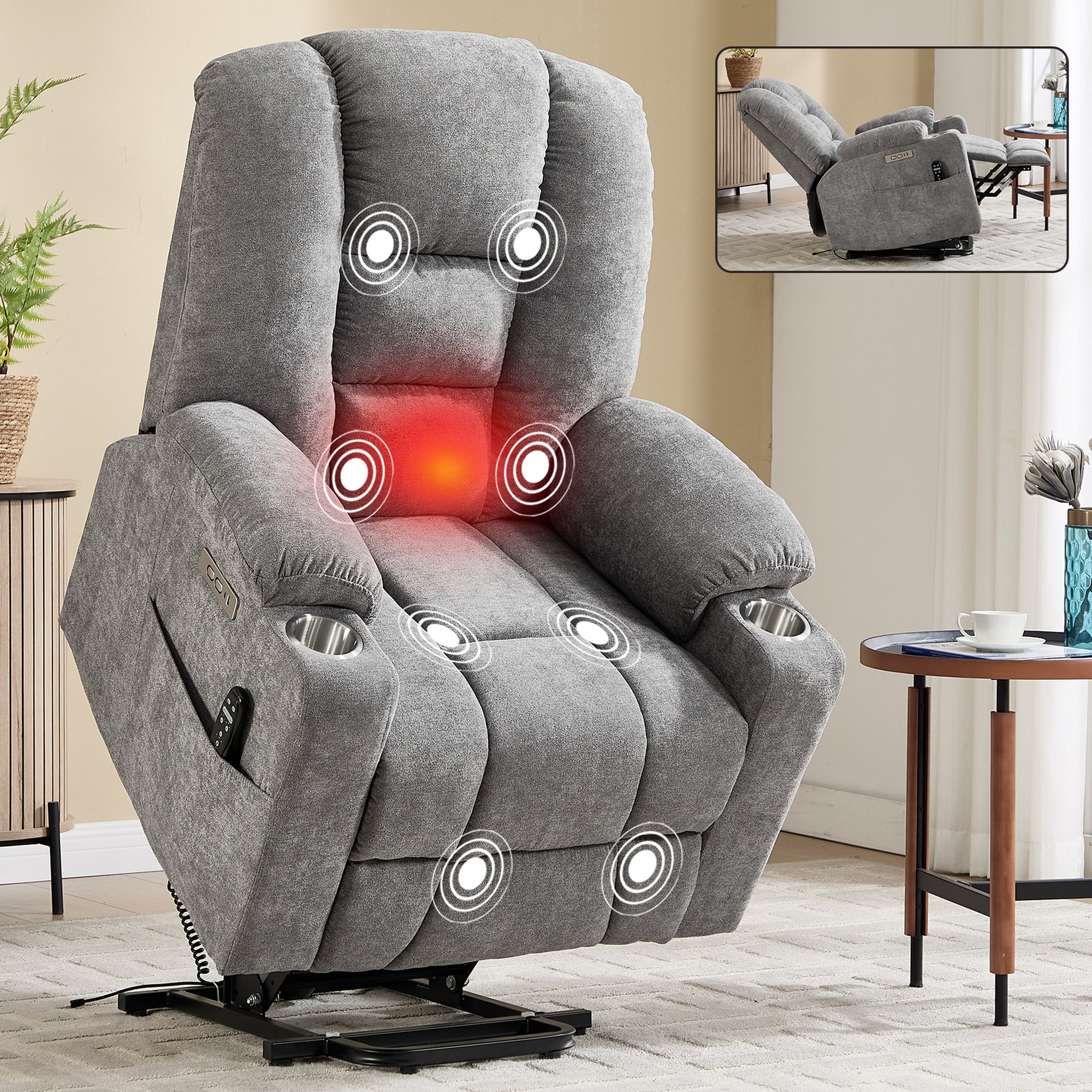 Clihome - Power Lift Recliner Light Gray Light Gray Chenille Upholstered Powered Reclining Statio...