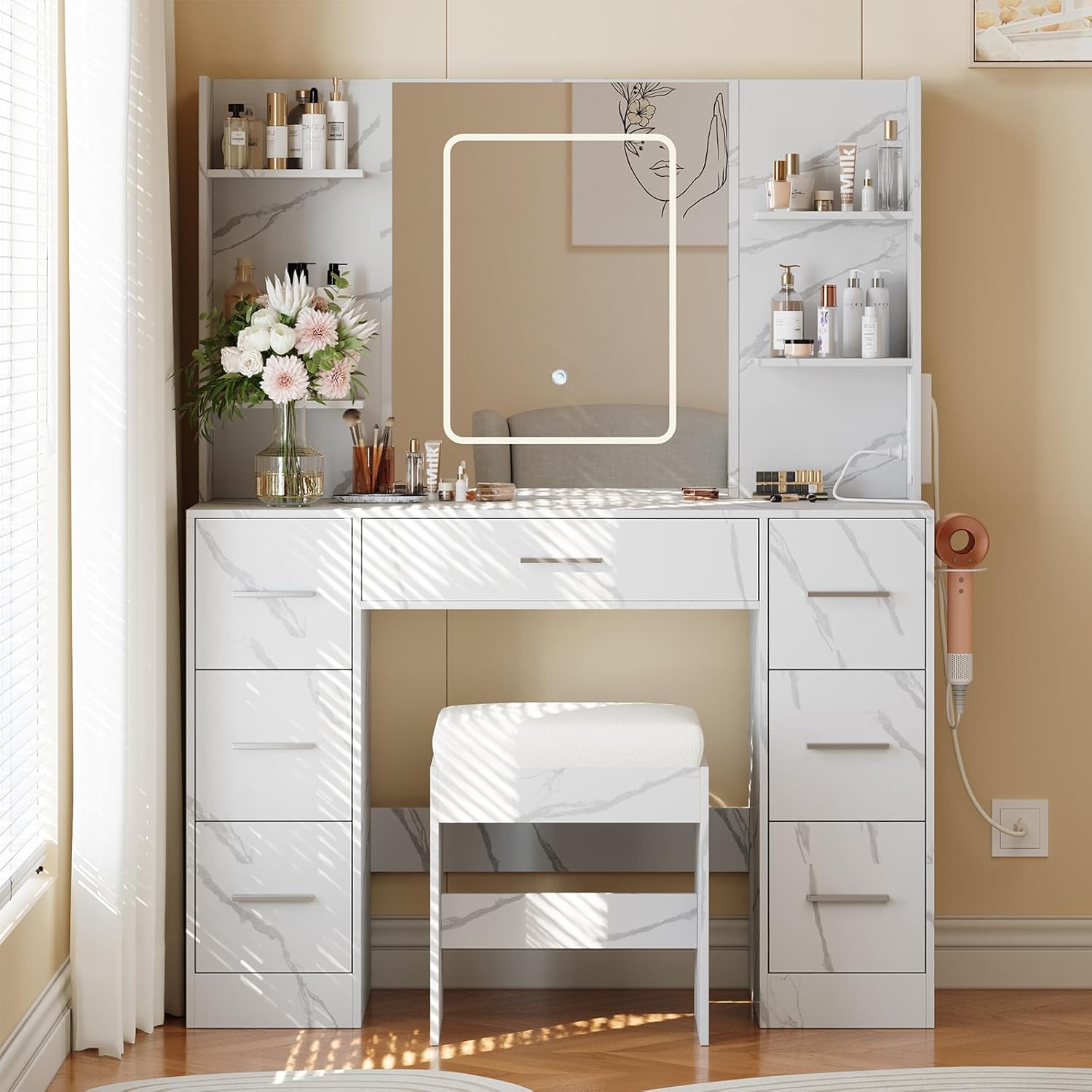 Garvee  43 Inch Wide White Vanity Makeup Desk and Stool Set with LED Lighted Mirror and Power Outlet - 3 Color Lighting Modes Dressing Table with Drawers and Open Shelves for Bedroom