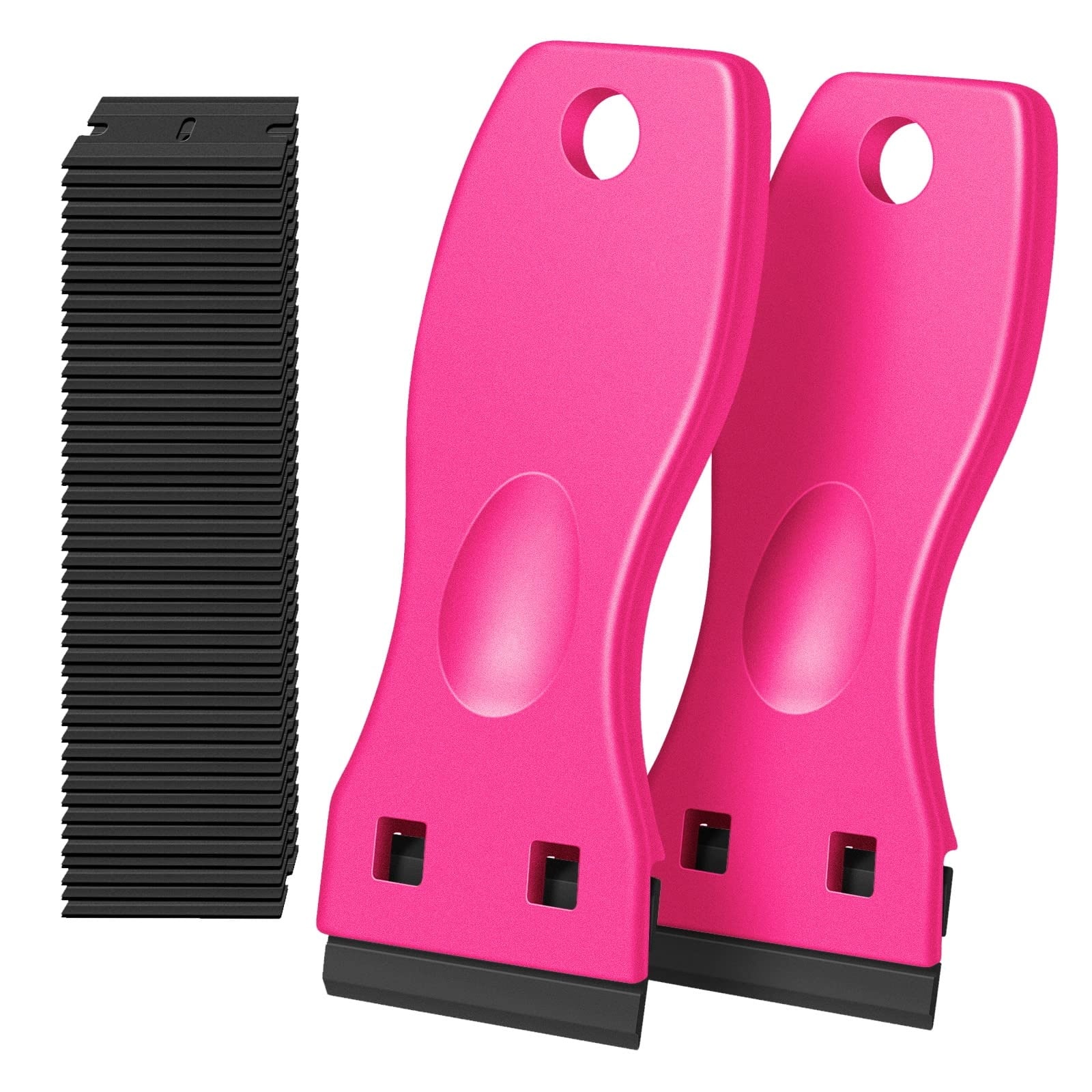 Phyfalip  Plastic Razor Blade Scraper 2 Pack with 100 pcs Blades for Removing Glue Stickers Decals Tint from Car Window Glass and Home Surfaces