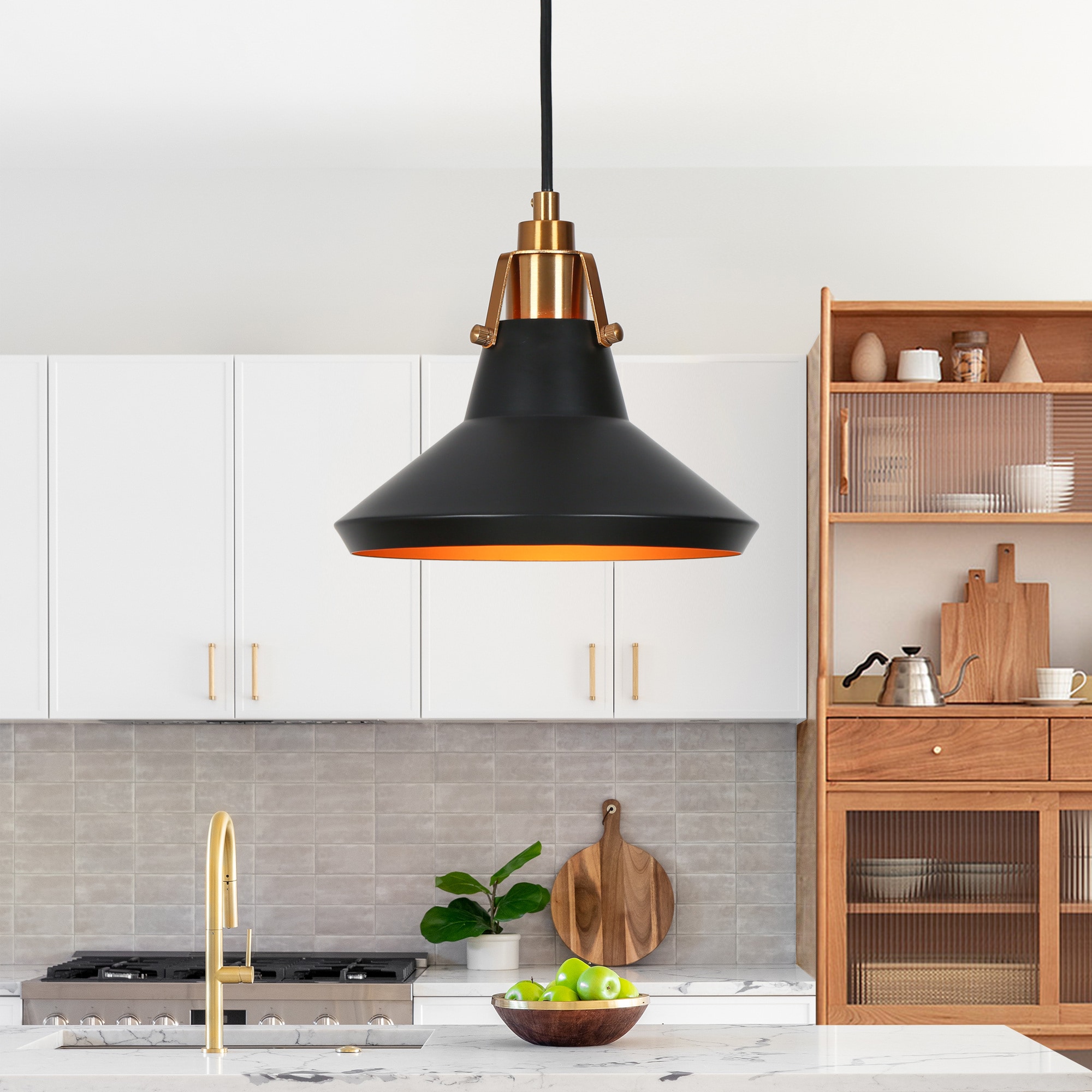 ZEVNI L3UY2IRRW934PSM8 Kasper 1 -Light Matte Black and Gold Transitional Cone Mini Hanging Kitchen island light