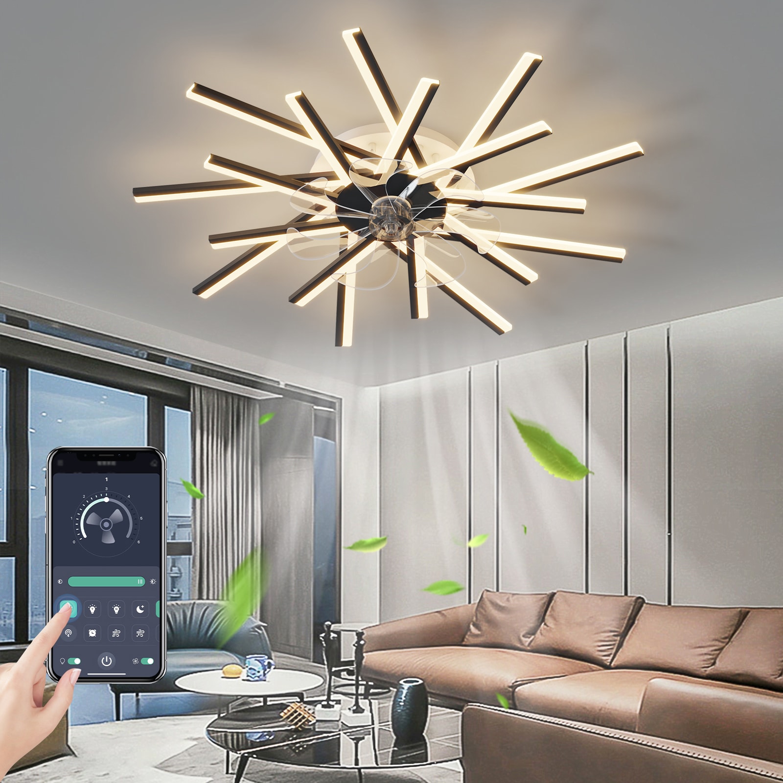 Bayfeve BFSHL-15253-CF Adjustable Speed 36-in Color-Changing Integrated LED Flush Mount Black with Transparent Blades Fandelier Ceiling Fan With Light and Remote ( 7 -Blade )
