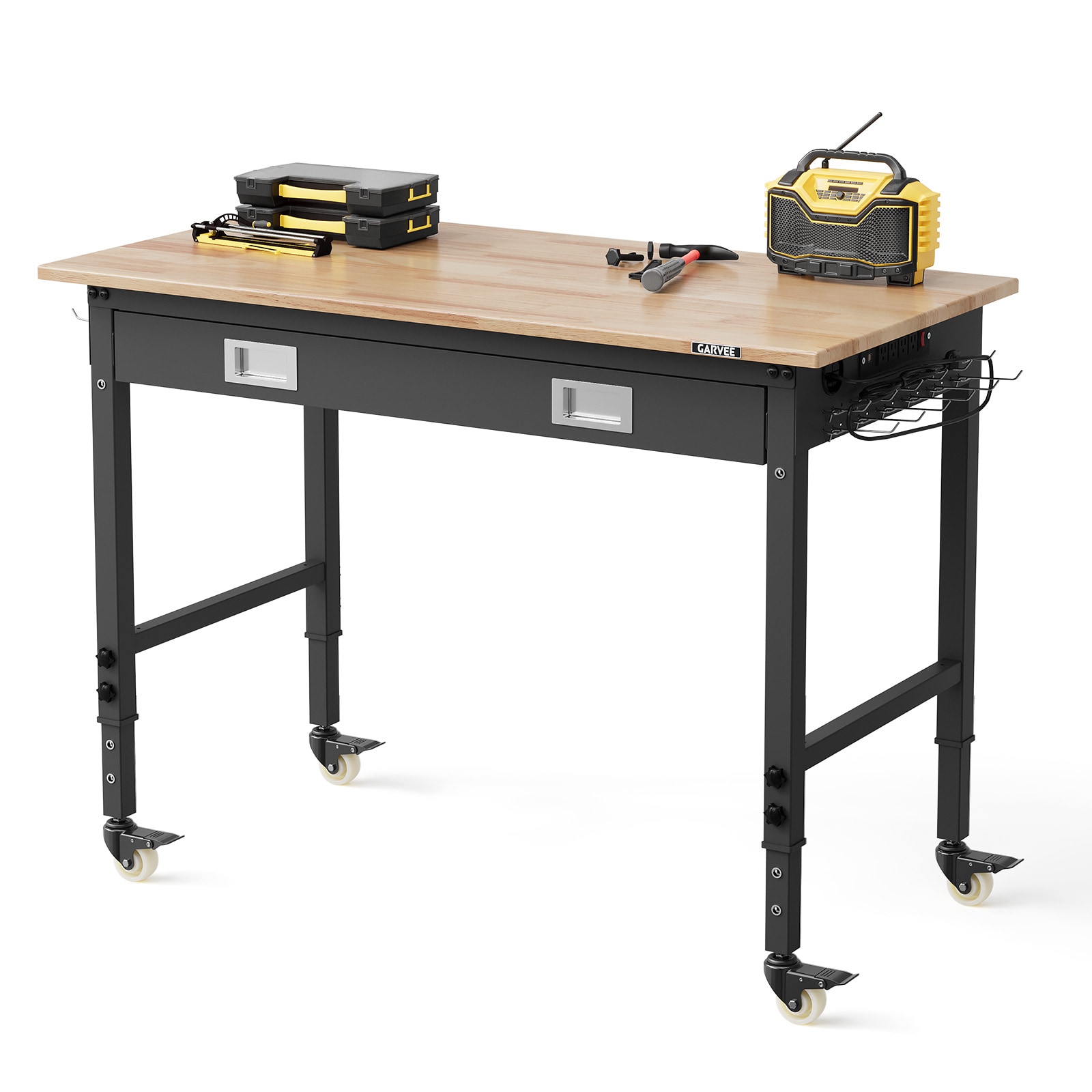 GarveeLife Garage Workbench 48 x 24 with Drawer Rubber Wood Top Wheels Power Strip for Workshop Tool Bench Garage Natural Wood