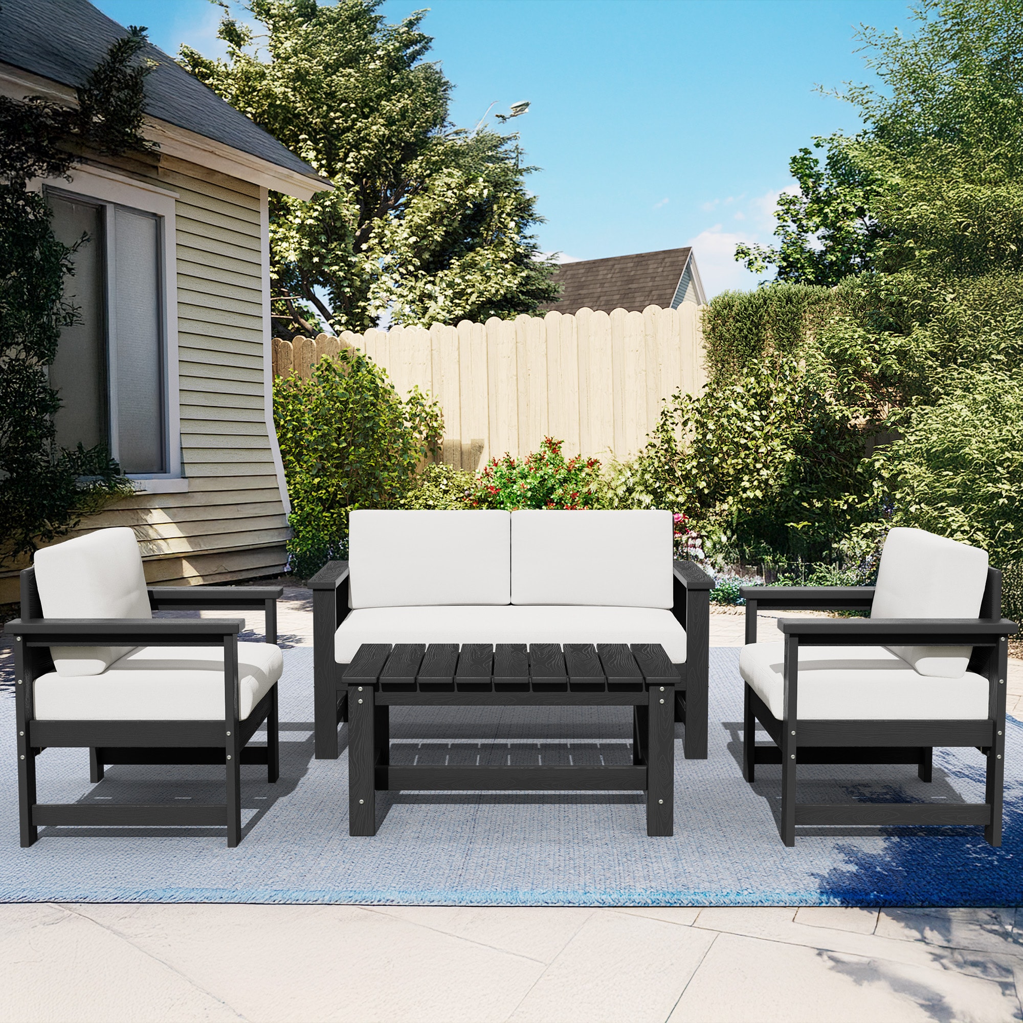 VOUA JJSF04-GK HDPE Outdoor Sofa Set for 4 with Coffee Table 4 -Piece Patio Conversation Set with Beige Cushions
