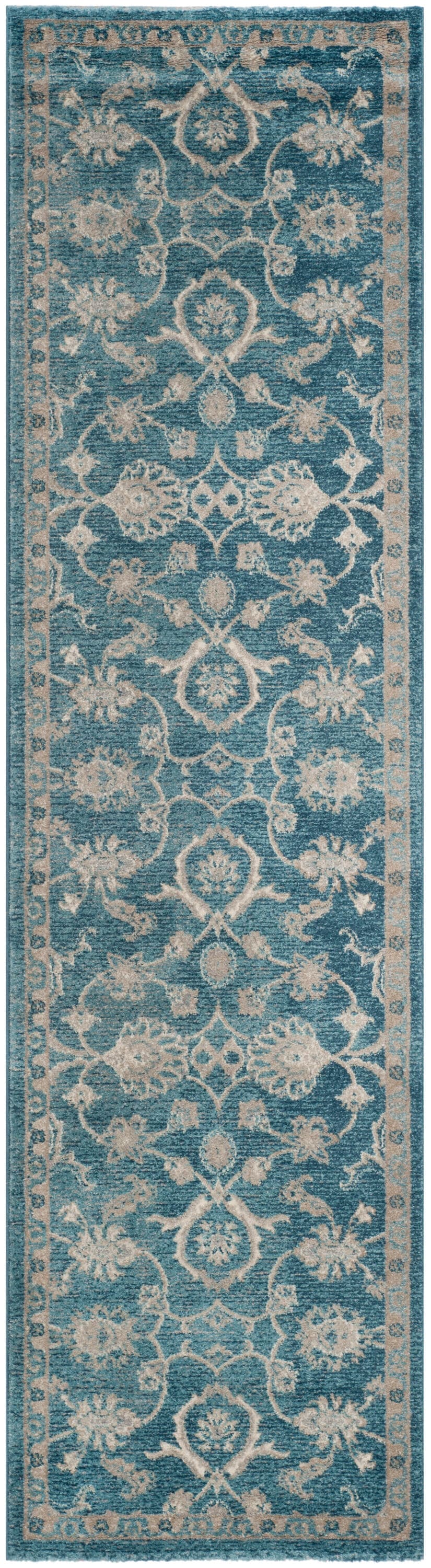 Blue and Beige Stain-Resistant Floral Runner Rug