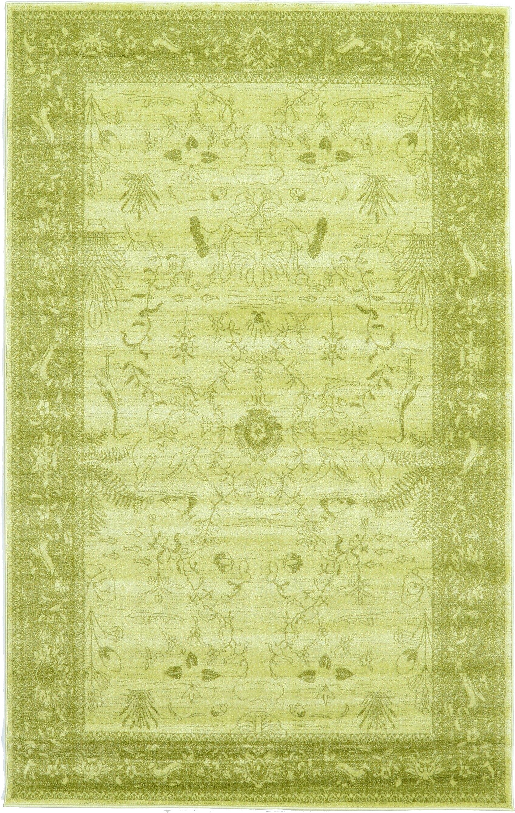 Light Green Floral Synthetic Rectangular Area Rug, 5 x 8 ft