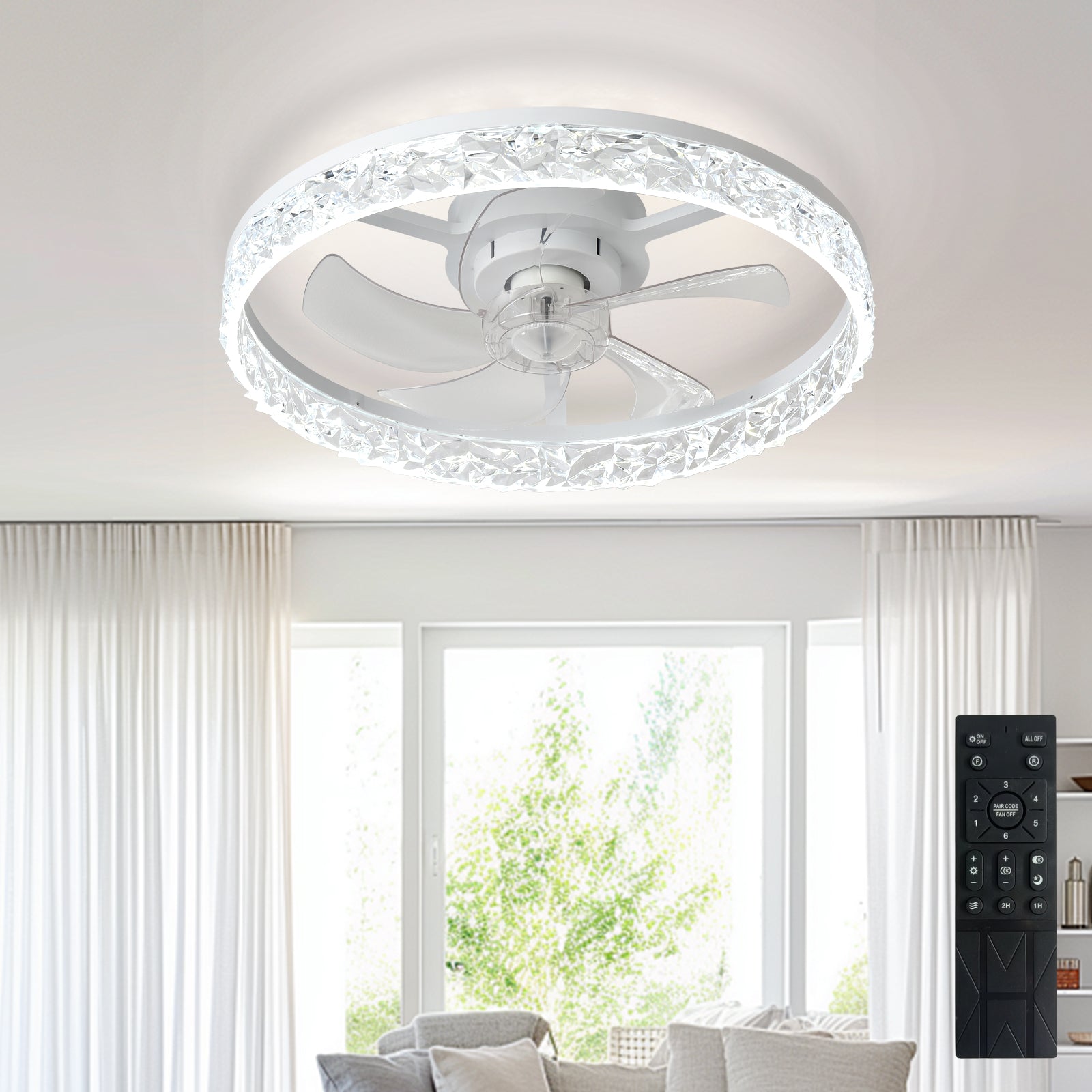Dovanpaul 20 Inch White Modern Low Profile Flush Mount Bladeless Fandelier Dimmable LED Ceiling Fan with Light App and Remote Control for Bedroom Kids Room Living Room
