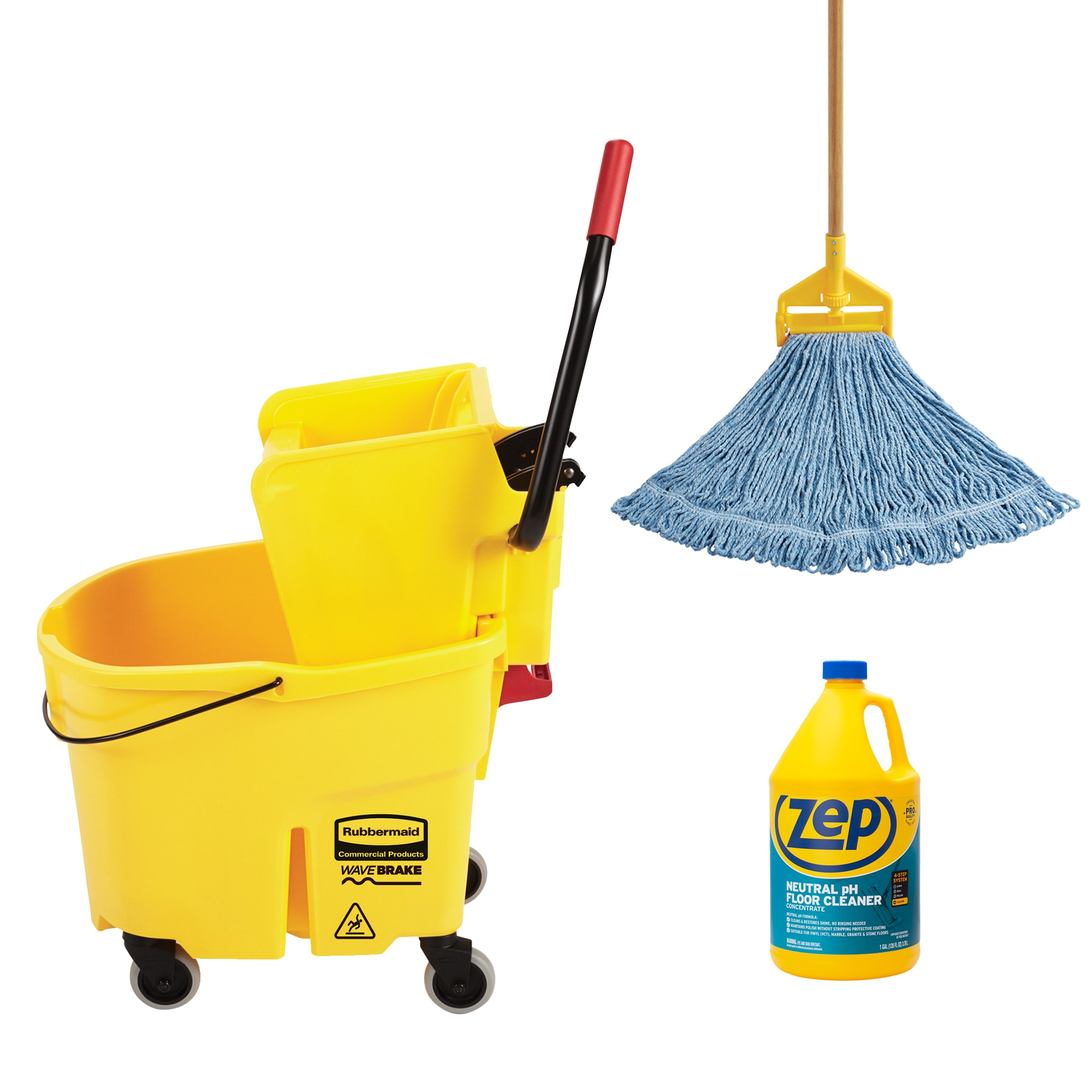 Rubbermaid Commercial Products Rubbermaid Commercial WaveBrake Mop Bucket  with Zep Floor Cleaner and Professional String Floor Mop (Bucket w/ Wheels