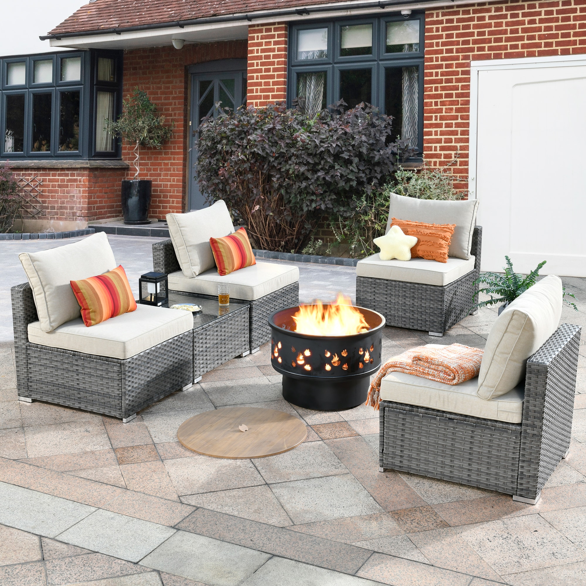 XIZZI XIHOPS6053B-YMFP Libra 6-Piece Rattan Patio Sofa Conversation Set with Off-white Cushions