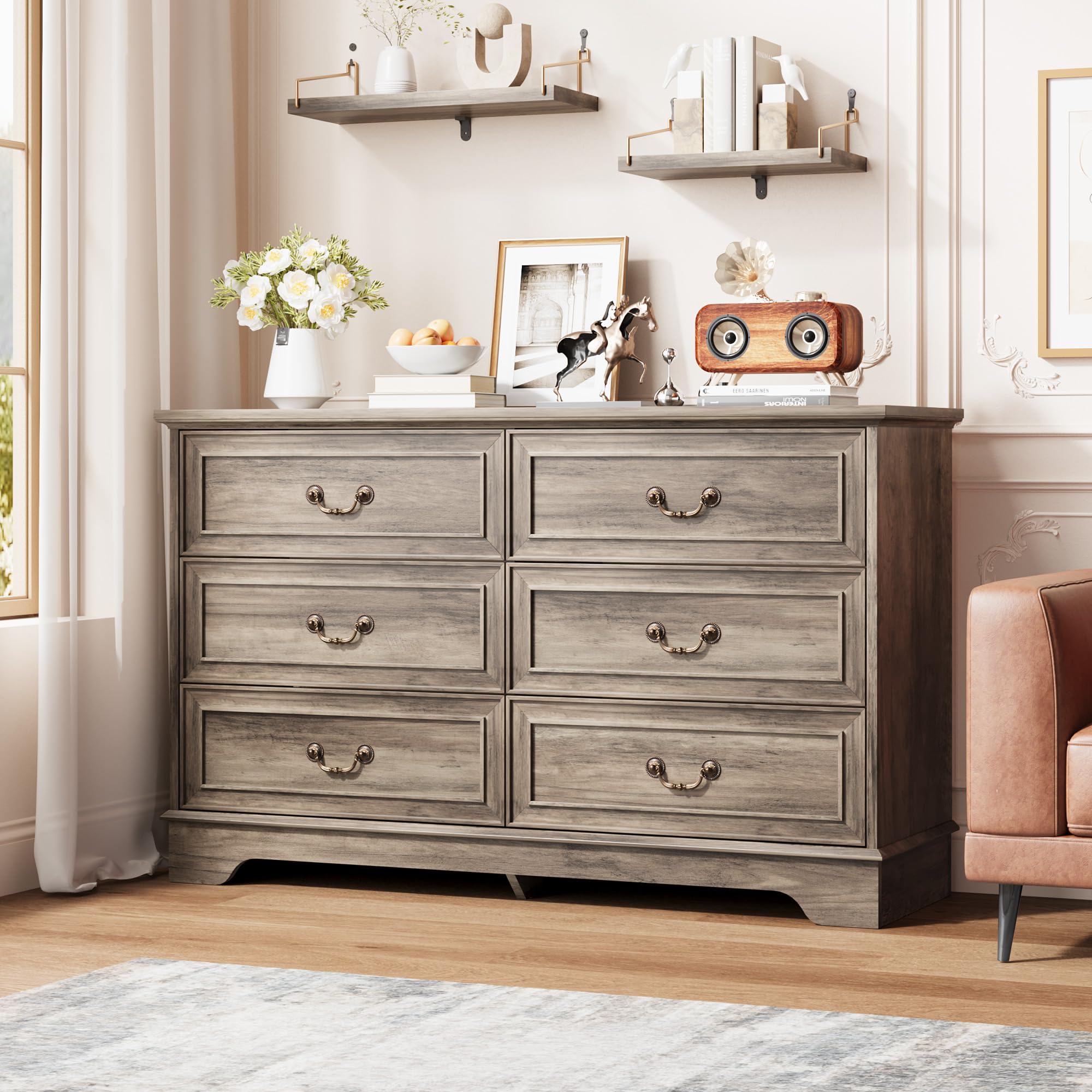 GarveeLife 6 Drawer Dresser 47in Wide Double Chest Vintage Organizer Washed gray