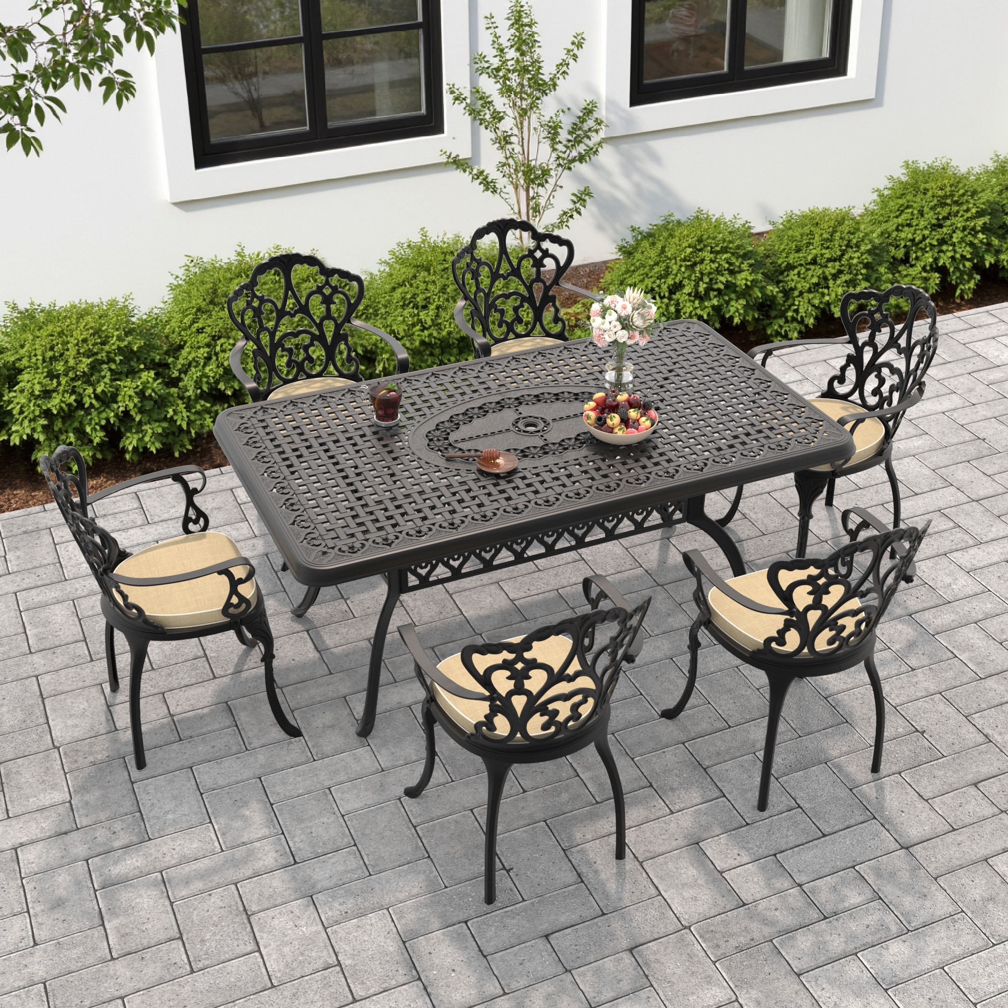 nicesure SLBK6047CZ6A1029RC 7 -Piece Black Patio Dining Set Aluminum Rectangle Table with 6 Cushions Stationary Chairs