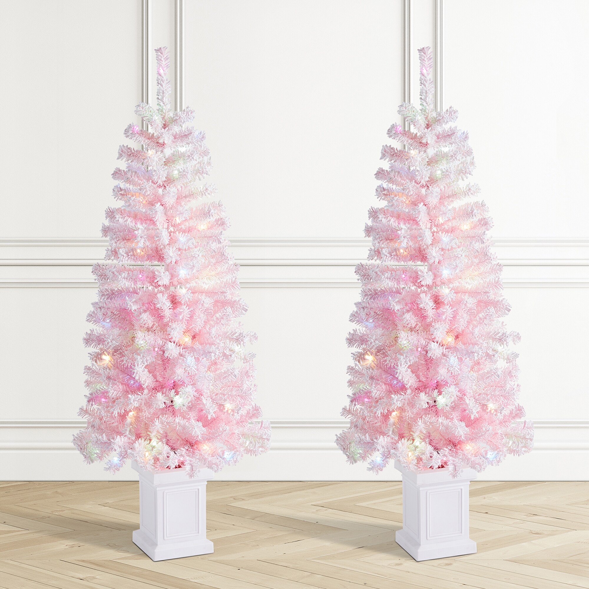 Glitzhome - 5-ft Pre-lit Flocked Pink Artificial Christmas Tree with White LED Lights