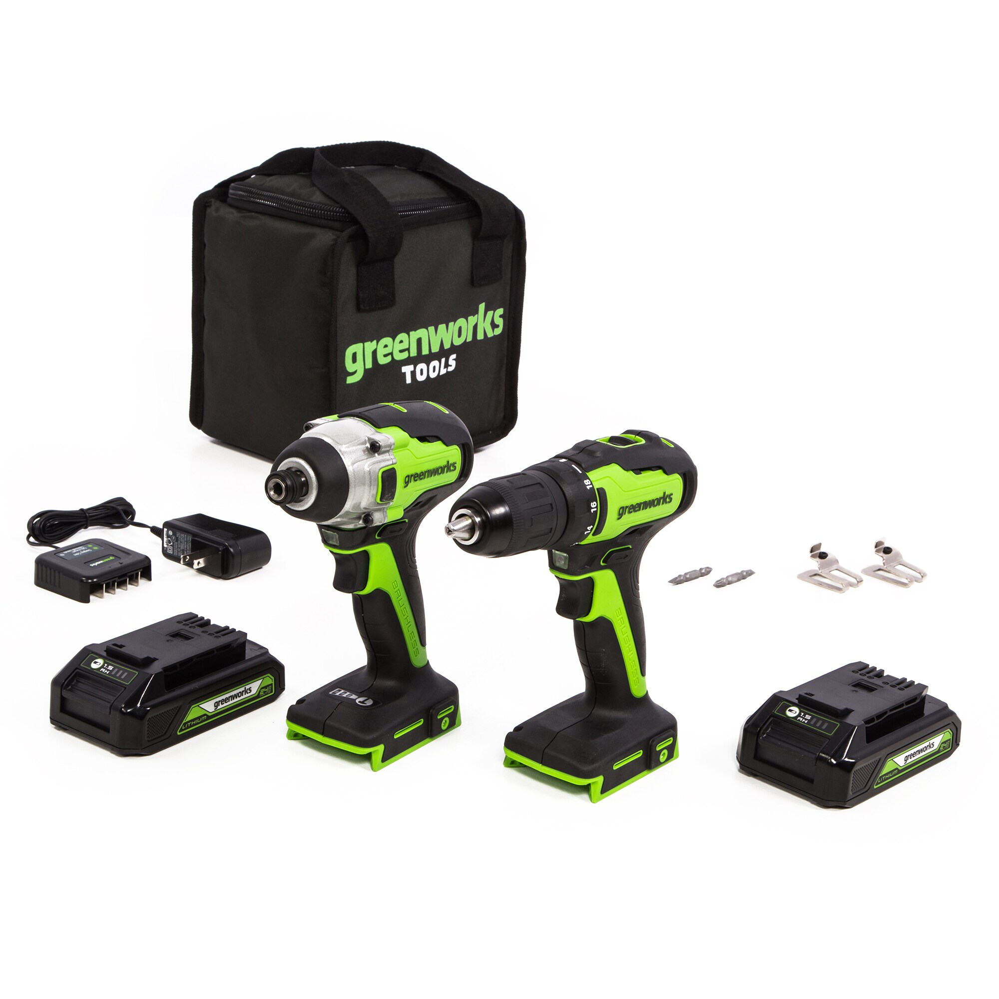 greenworkstools-24V Brushless Drill 4pc Combo Kit & Tool Bag | Greenworks Tools