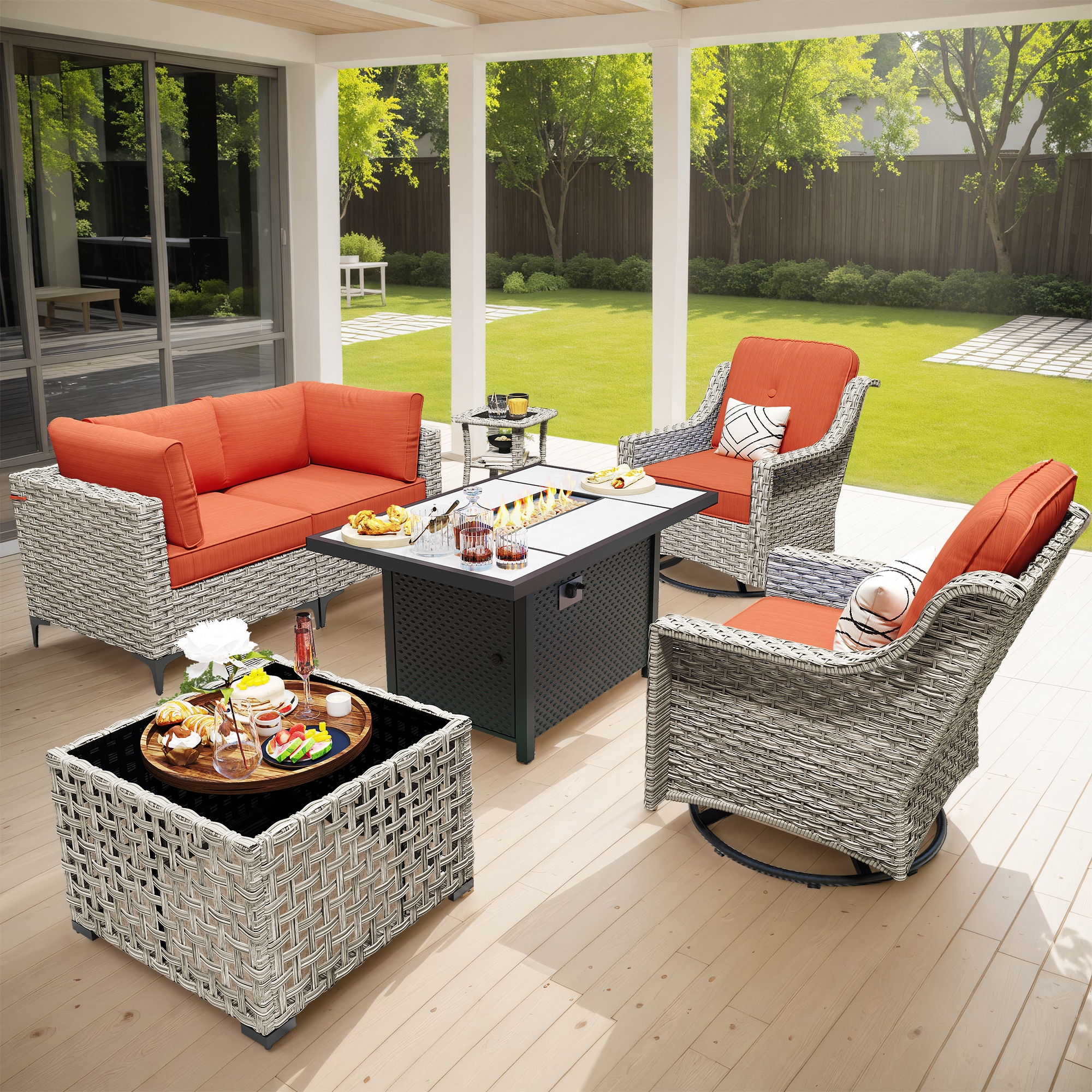 Pouuin DFPSKT806 5 -Piece Wicker Patio Conversation Set with Orange Cushions