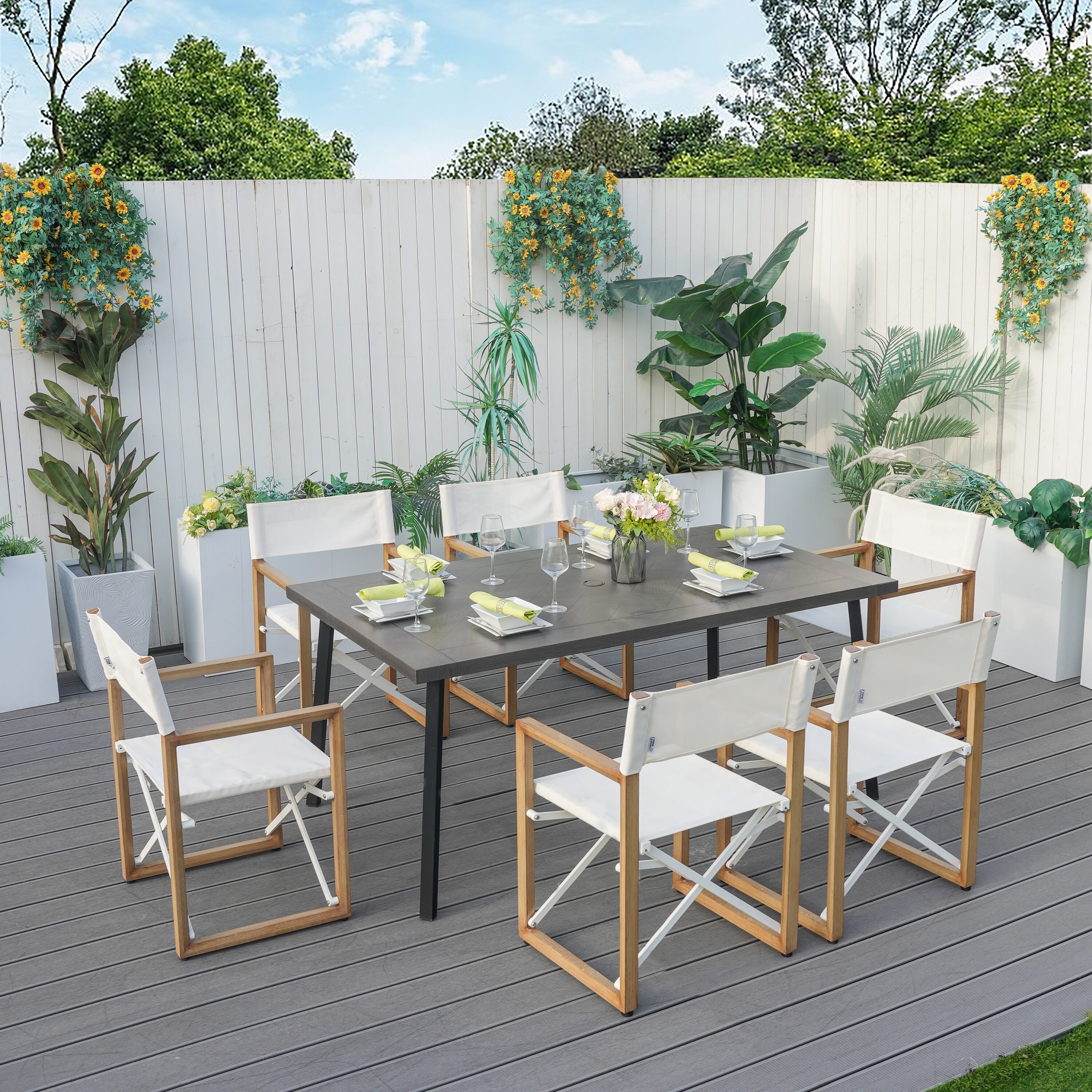 Moda Furnishings MAD-2465-2508BR 7 -Piece BROWN Patio Dining Set Iron Rectangle Table with 6 Brown Stationary Chairs