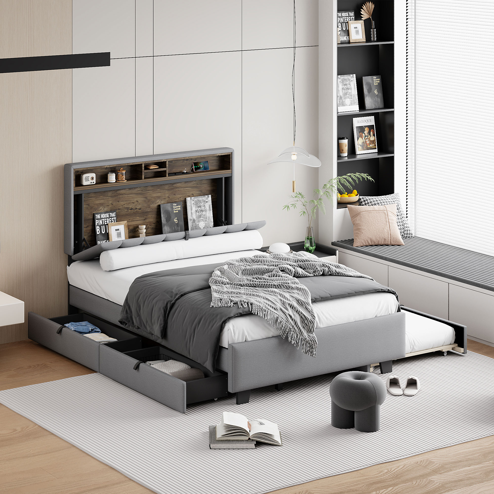 ModernLuxe L3P-SF000120AAE Full size Upholstered Platform Bed with Storage Headboard Twin Size Trundle  2 drawers and a set of Sockets  USB Ports Linen Fabric Gray