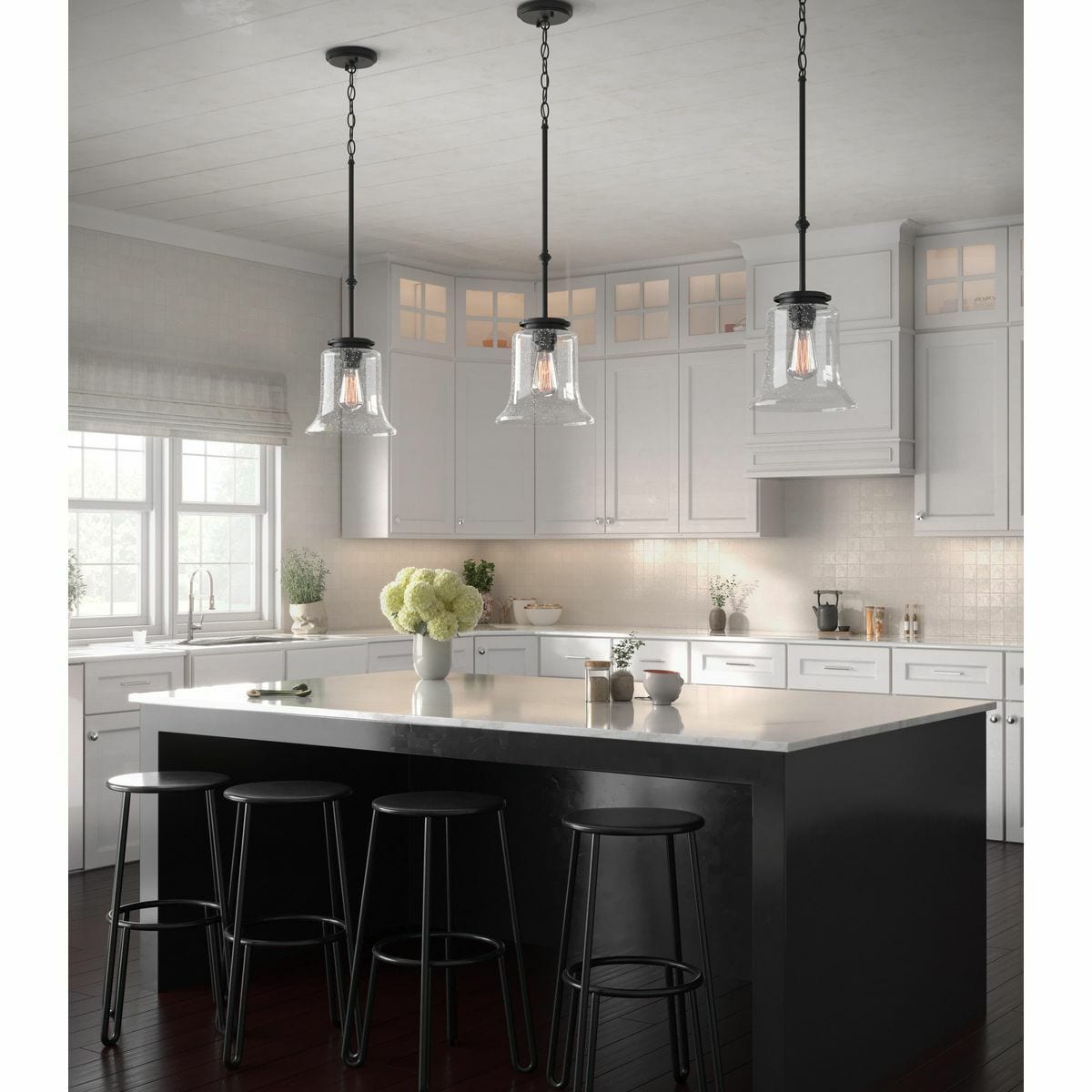 Matte Black Mini Pendant with Seeded Glass Shade