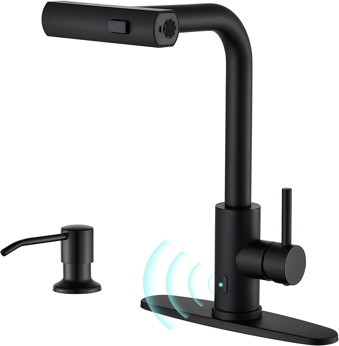 JUSHUA Matte Black Touchless Kitchen Faucets with Pull Down Sprayer and Soap Dispenser Waterfall Single Hole and Handle Pull Out Sink Faucet Suitable for Farmhouse Camper Laundry Rv Bar