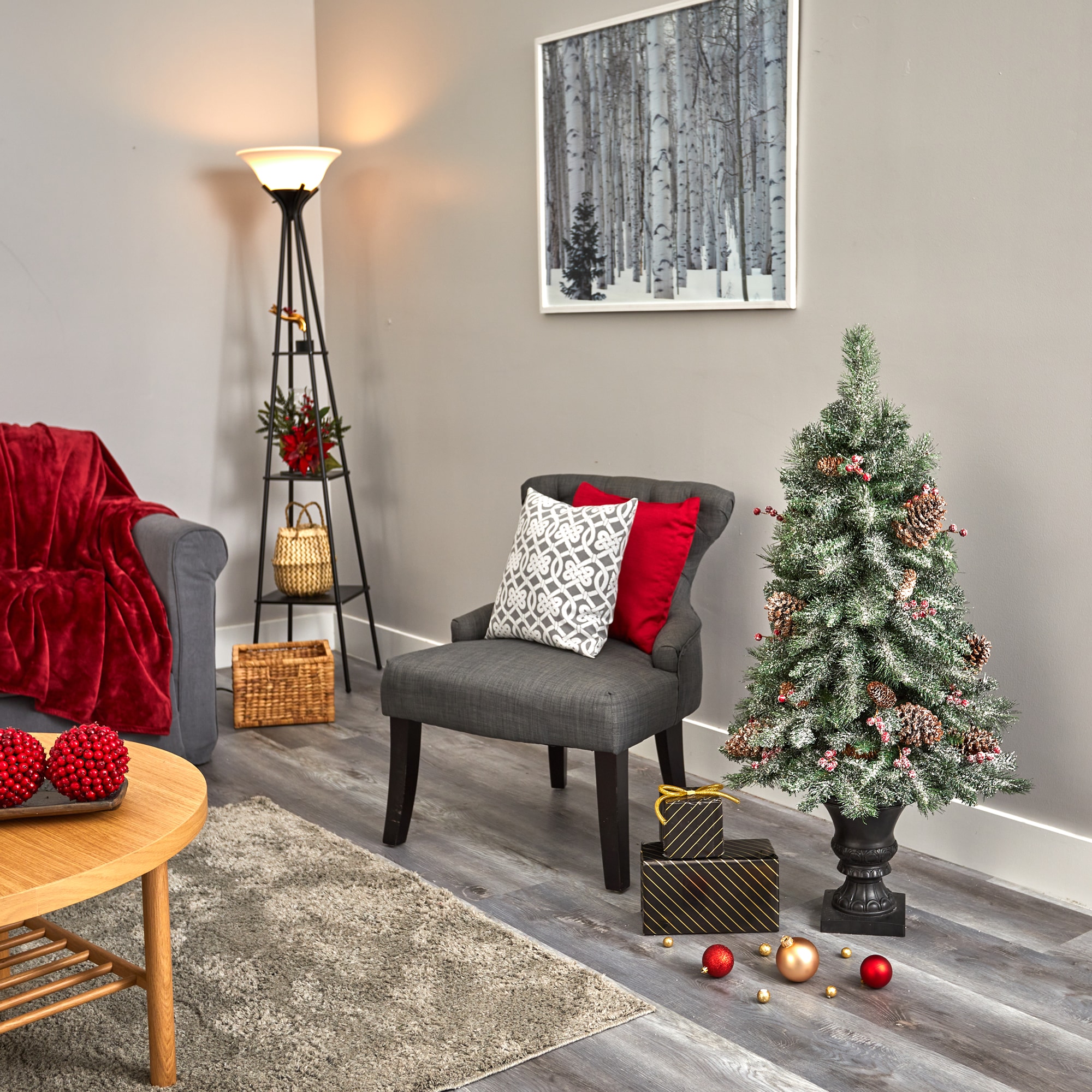 4-Foot Frosted Pine Artificial Christmas Tree with LED Lights in Decorative Urn