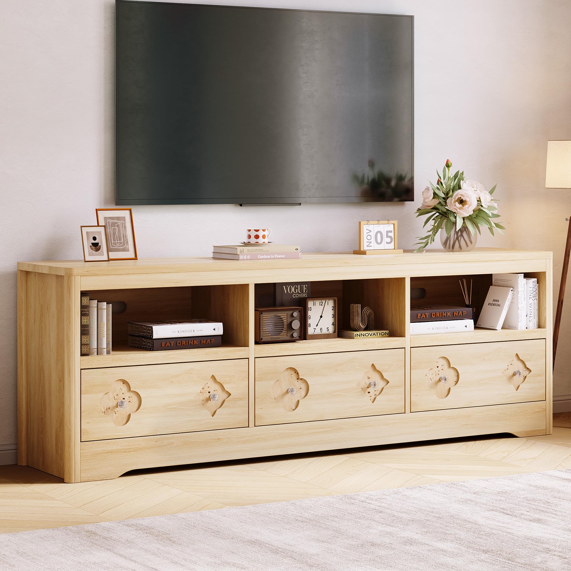 GarveeLife 70 Inch TV Stand for TVs Up to 85 Inch Mid Century Modern Entertainment Center with Carved Drawer and Open Shelves