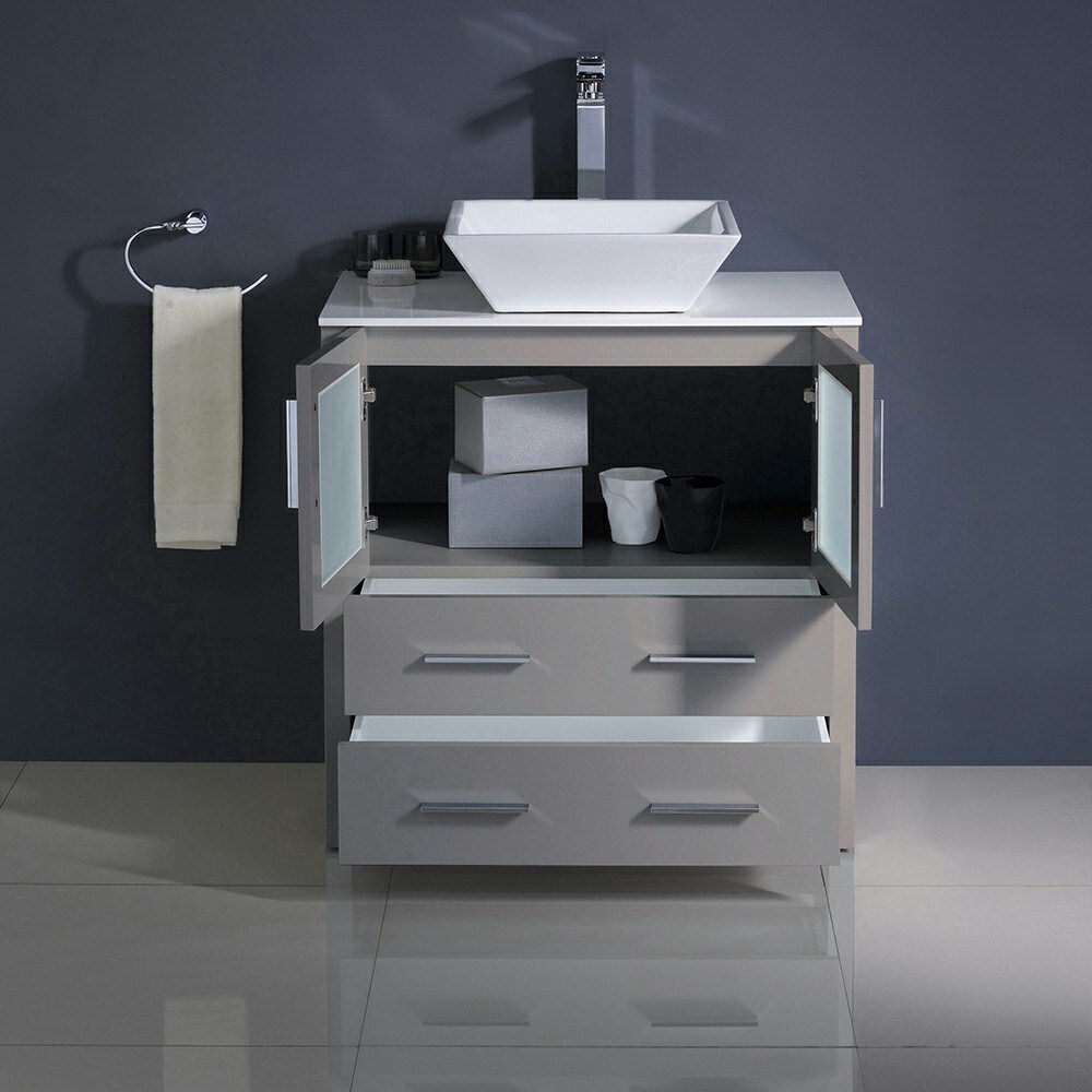 Contemporary 30" Gray Engineered Wood Bathroom Vanity with Ceramic Top