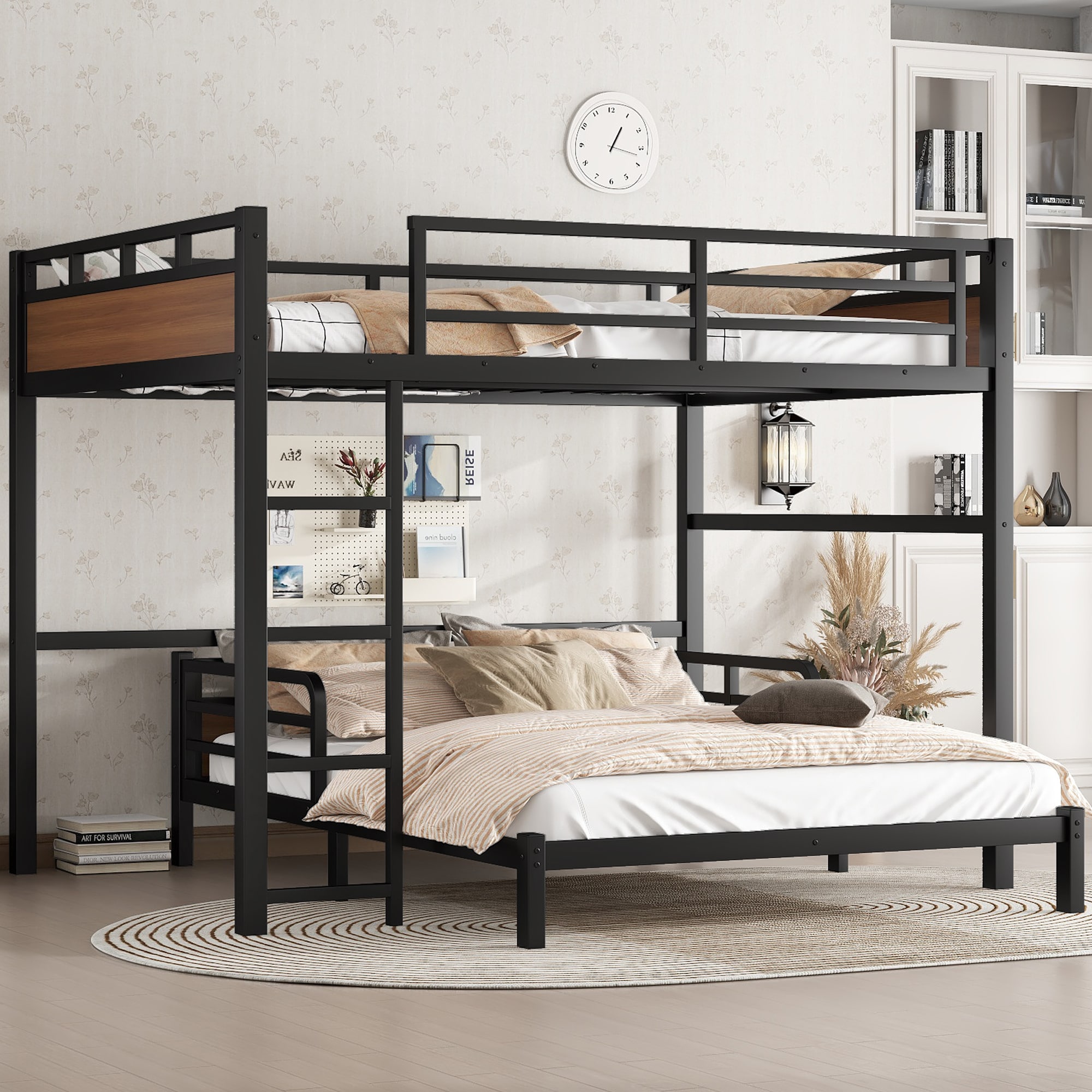 Loebelle Queen Over Queen Bunk Bed with Headboard and Full Length Guardrail Heavy Duty Metal Bunk Beds Can Turns Into Loft Bed and Platform Bed Vintage Black Walnut