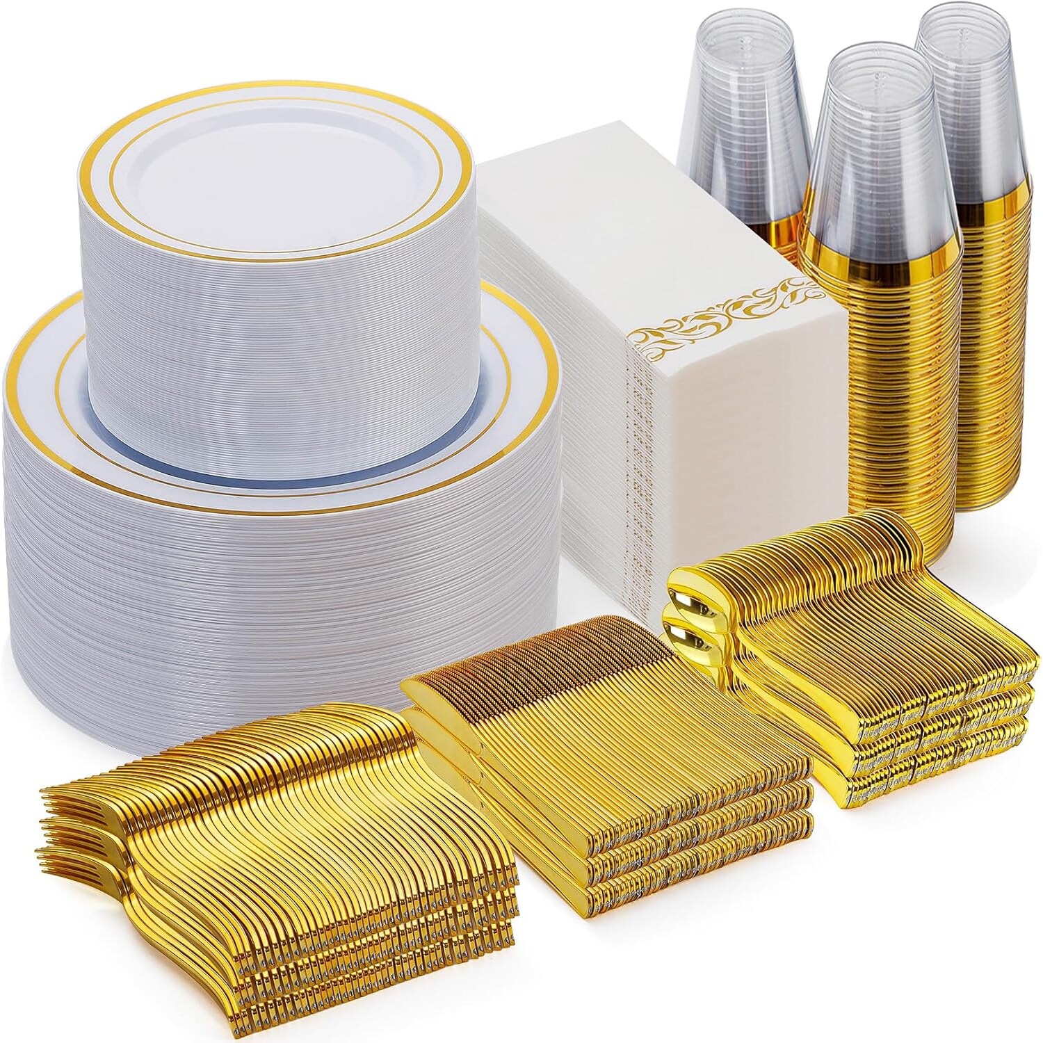 Etokfoks  Gold Disposable Plastic Dinnerware Set for 100 Guests 700 Piece Party Plates Cups Napkins Cutlery