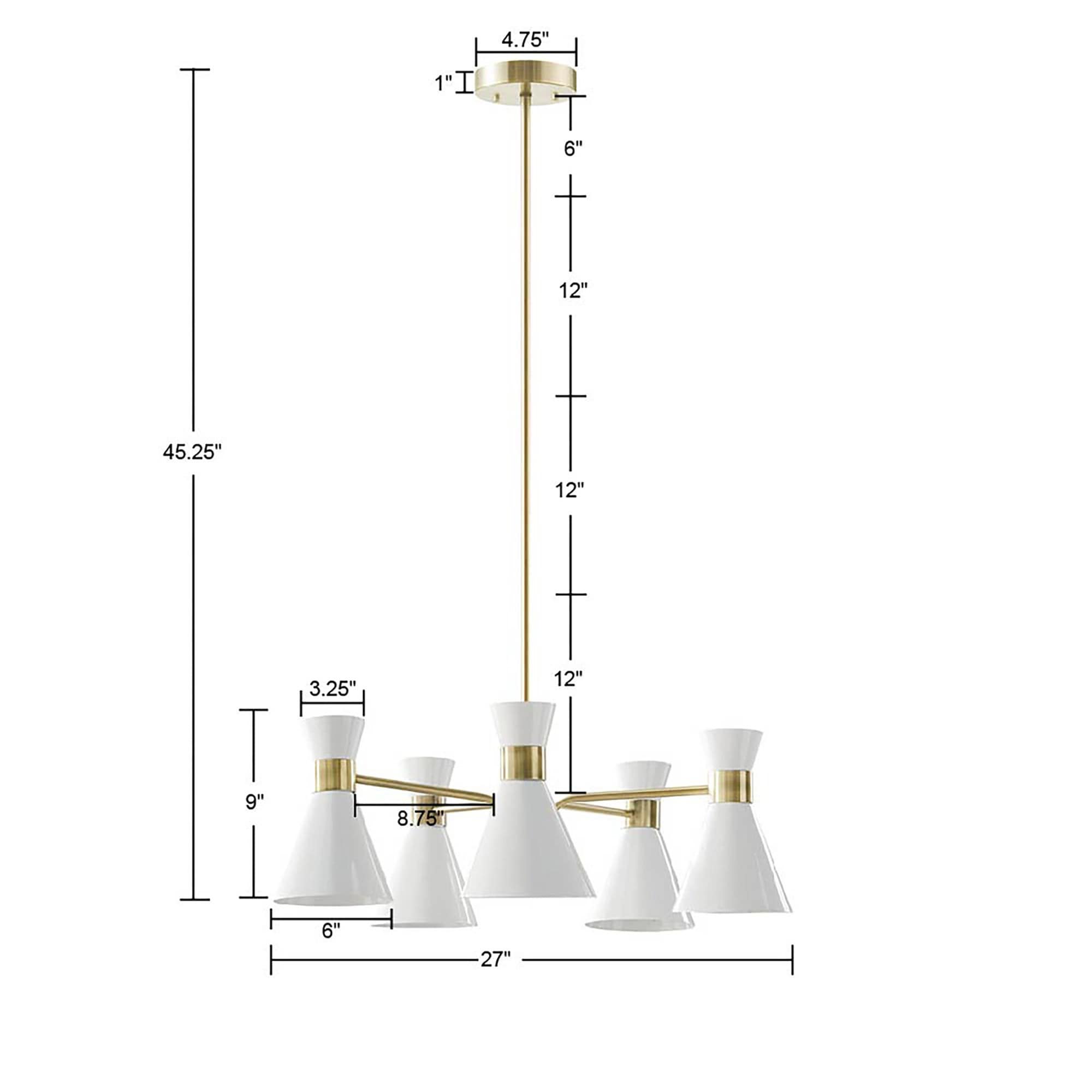 Ezra Mid-Century 5-Light Chandelier in Antique Brass with White Shades