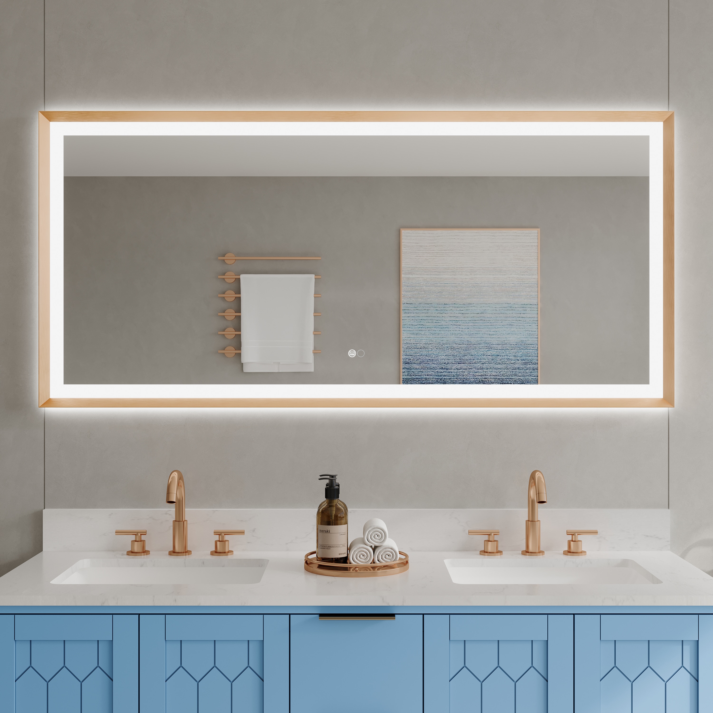 CALVON CLW66028BG Liora Framed LED Mirror 60-in x 28-in Framed Rectangle Dimmable LED Lighted Fog Free Bathroom Vanity Mirror ( Gold )