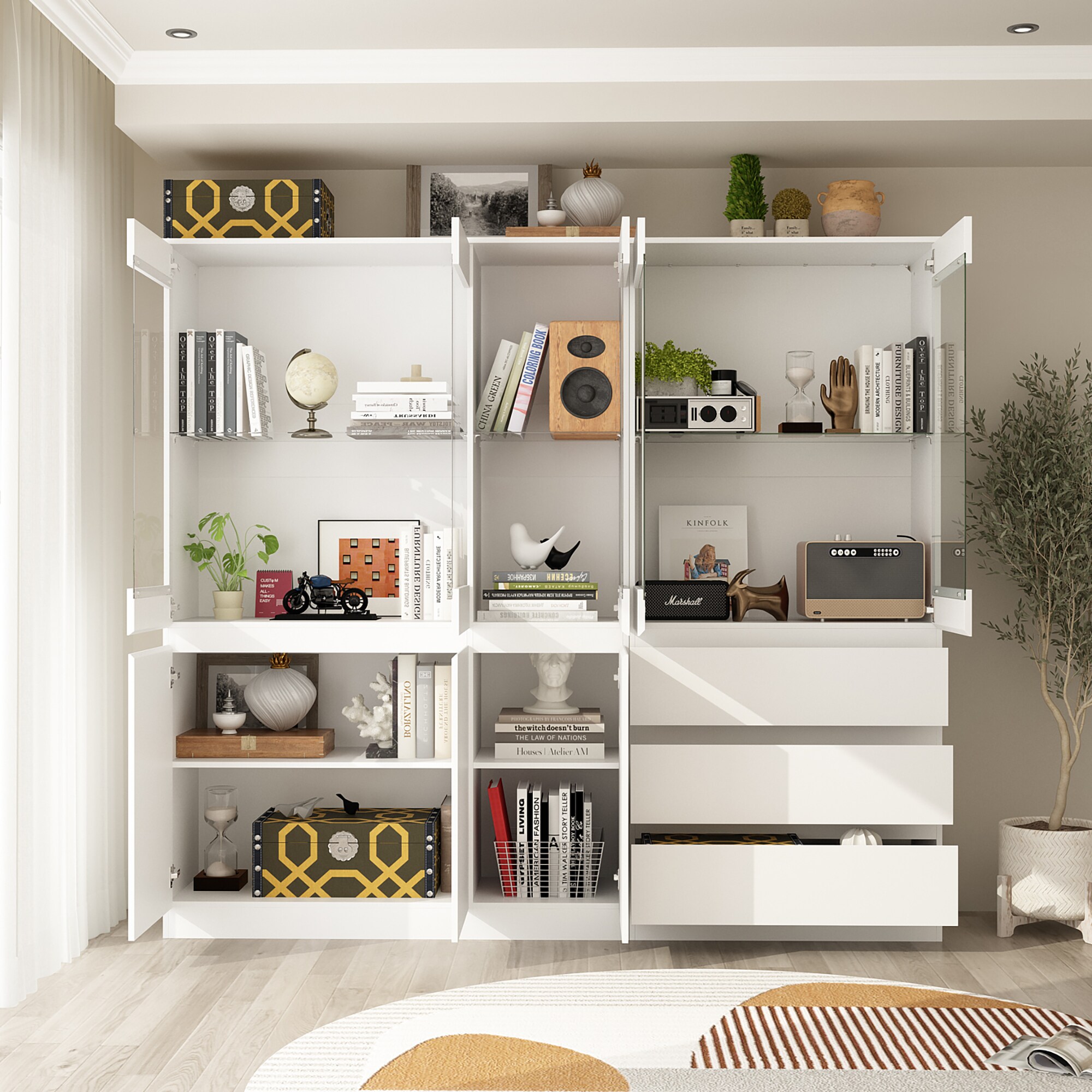 FUFU&GAGA KF020442+443 White MDF 4 -Shelf Oversized set Bookcase with Doors ( 78.7-in W x 70.8-in H x 15.7-in D ) Finished