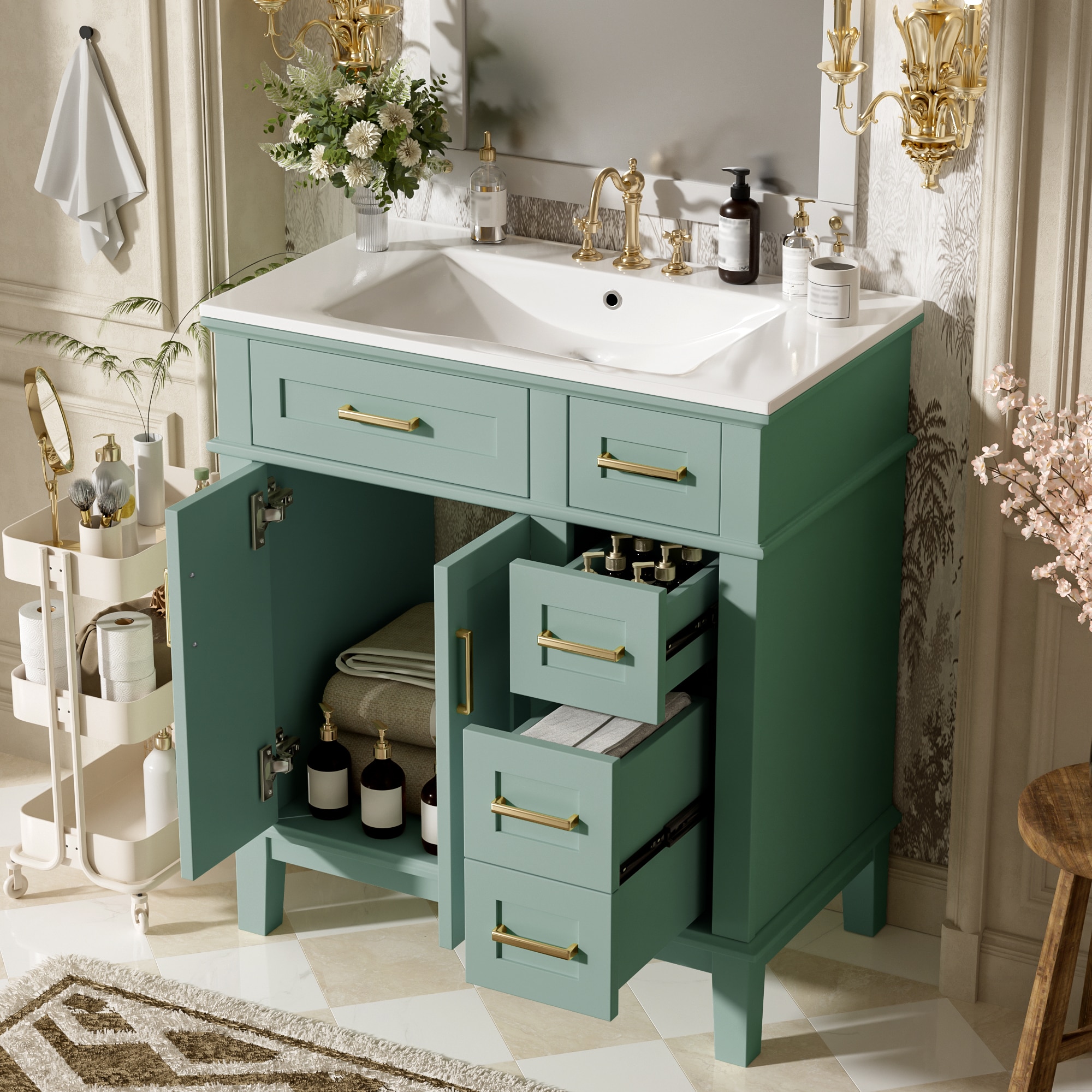 Qualler  30 Inch Bathroom Vanity with Ceramic Sink Soft-Close Doors and 2 Drawers - Green