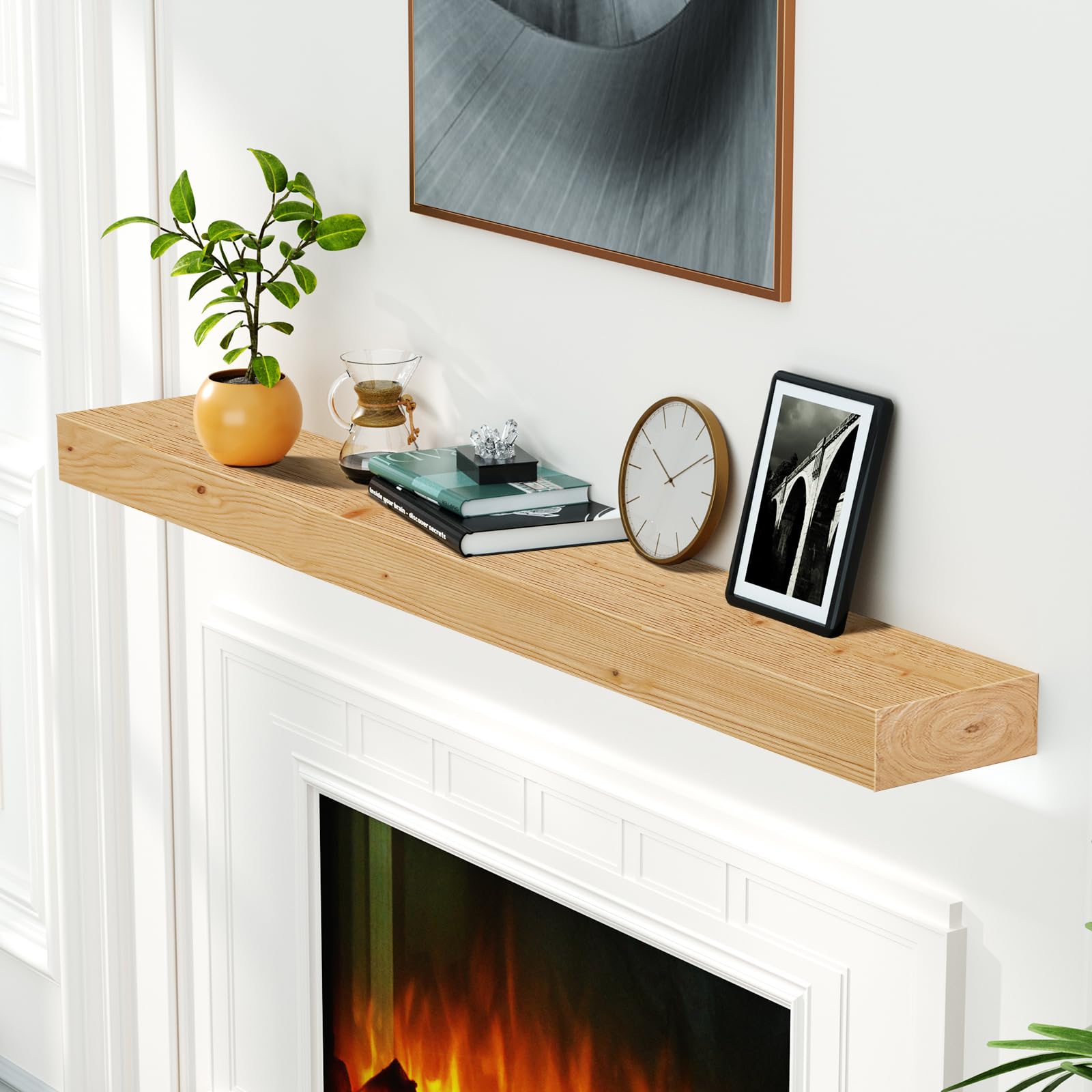 LUXEYARD 72inch Wood Floating Fireplace Shelves Wall Mounted Clear Varnished 72inch x8inch x3inch