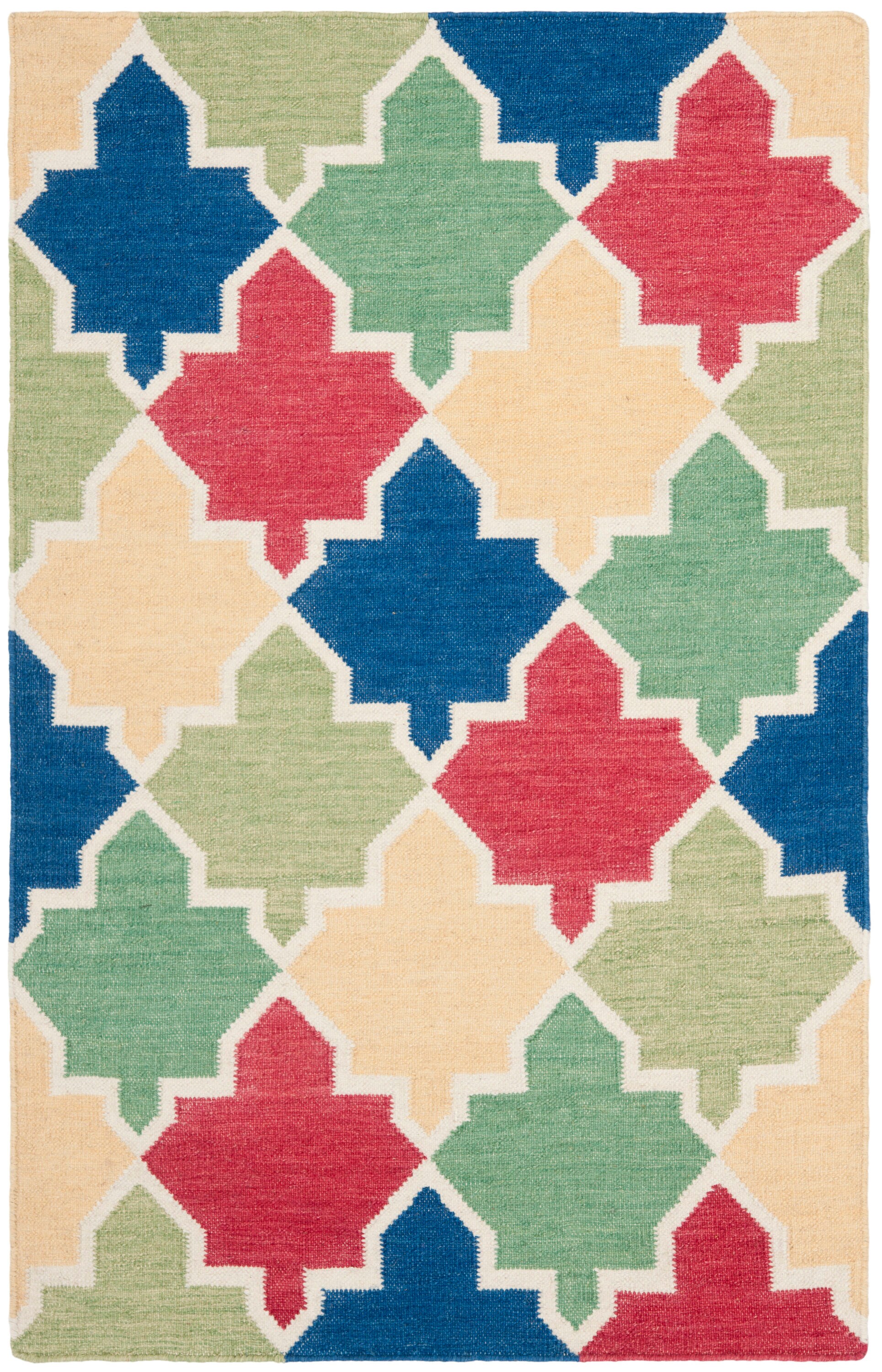 Blue and Multi Geometric Wool Flat Woven Area Rug, 3' x 5'