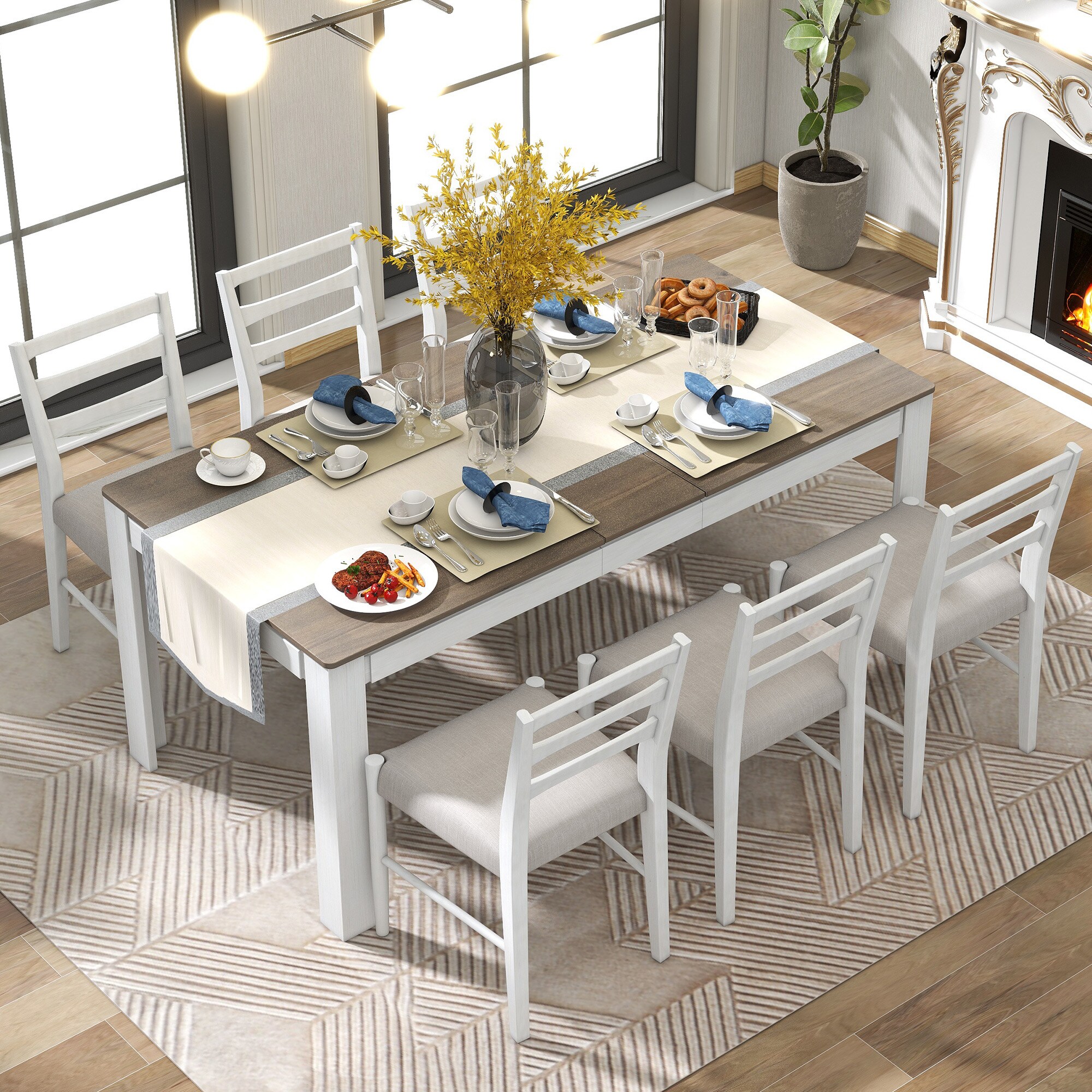 Qualler TRAPR0082K Brown+White Contemporary/Modern Dining Room Set with Rectangular Table ( Seats 6 )