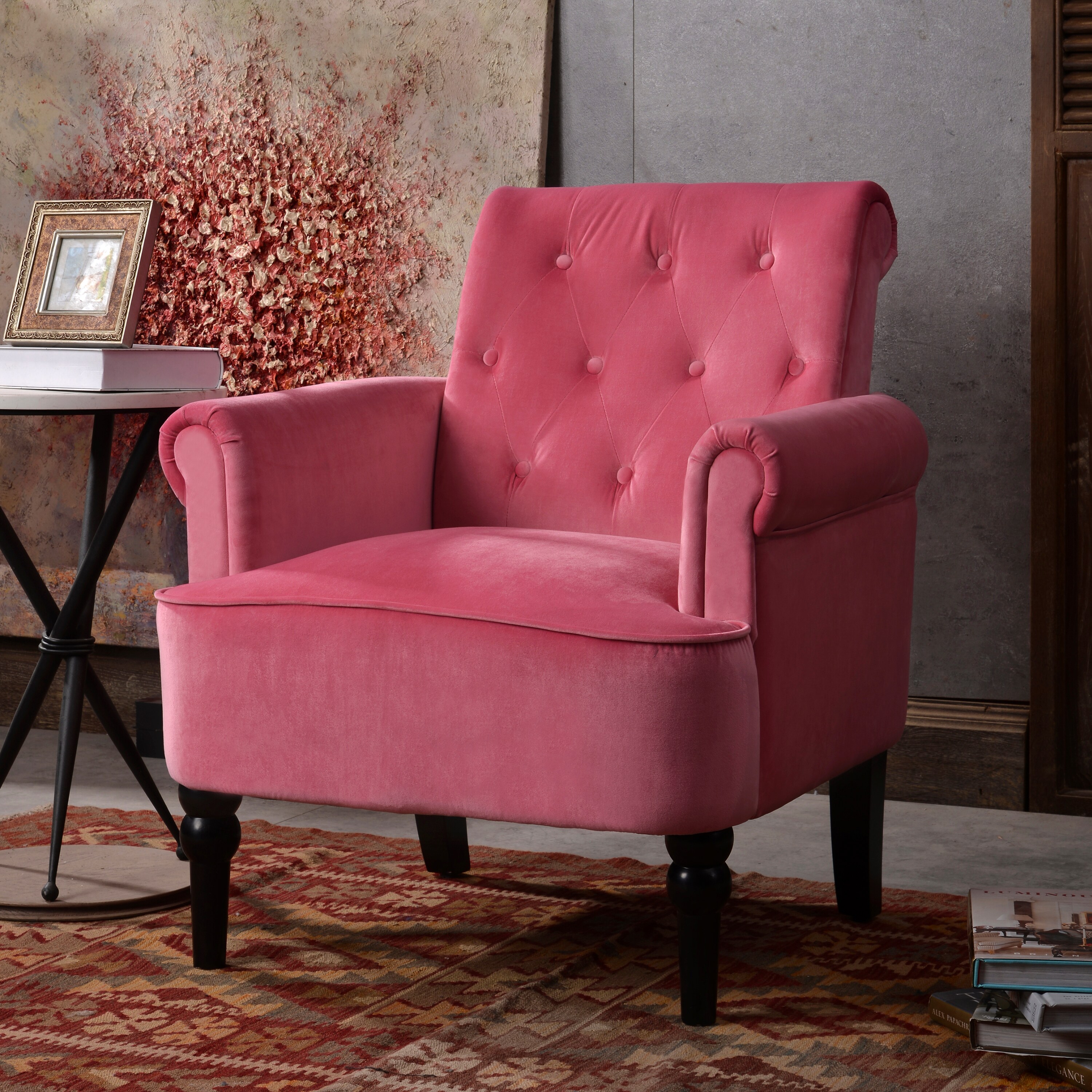 raspberry velvet armchair