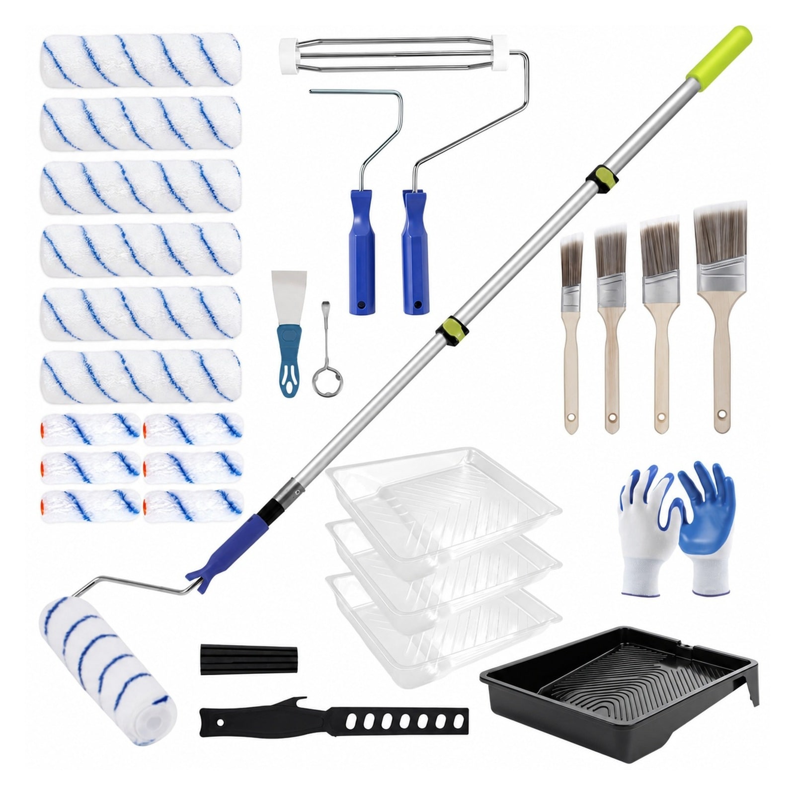 Phyfalip - Paint Roller Kit with Extension Pole 9 Inch and 4 Inch Roller Covers Tray Paint Brush...