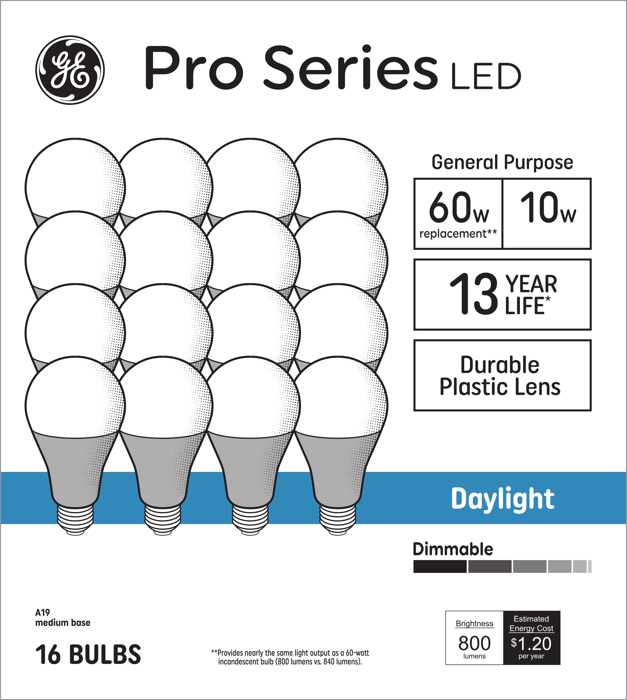 GE Pro Series 60-Watt EQ A19 Daylight Medium Base (e-26) Dimmable LED Light  Bulb (16-Pack) in the General Purpose Light Bulbs department at