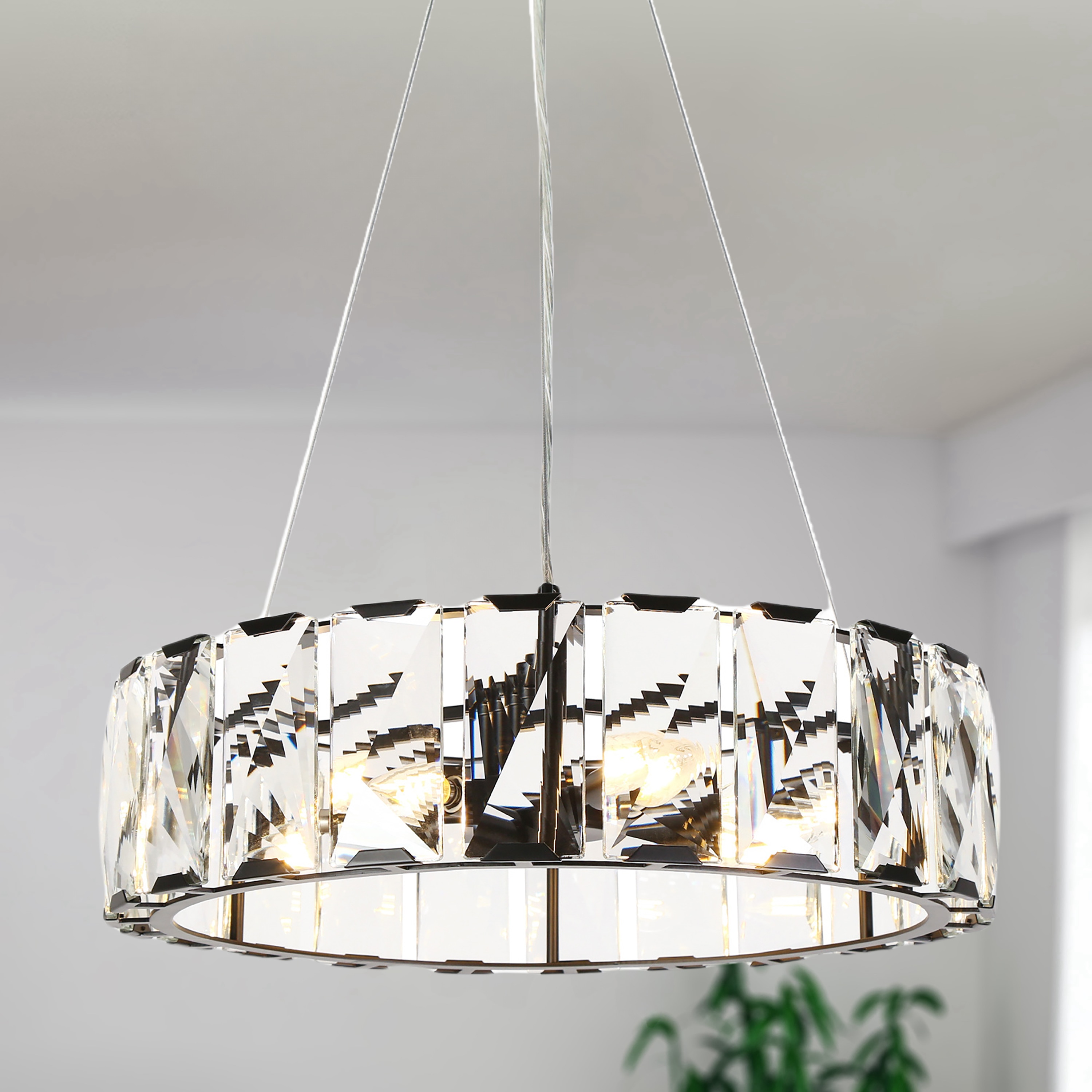 Modern Black Crystal 6-Light Drum Chandelier with Clear Crystals