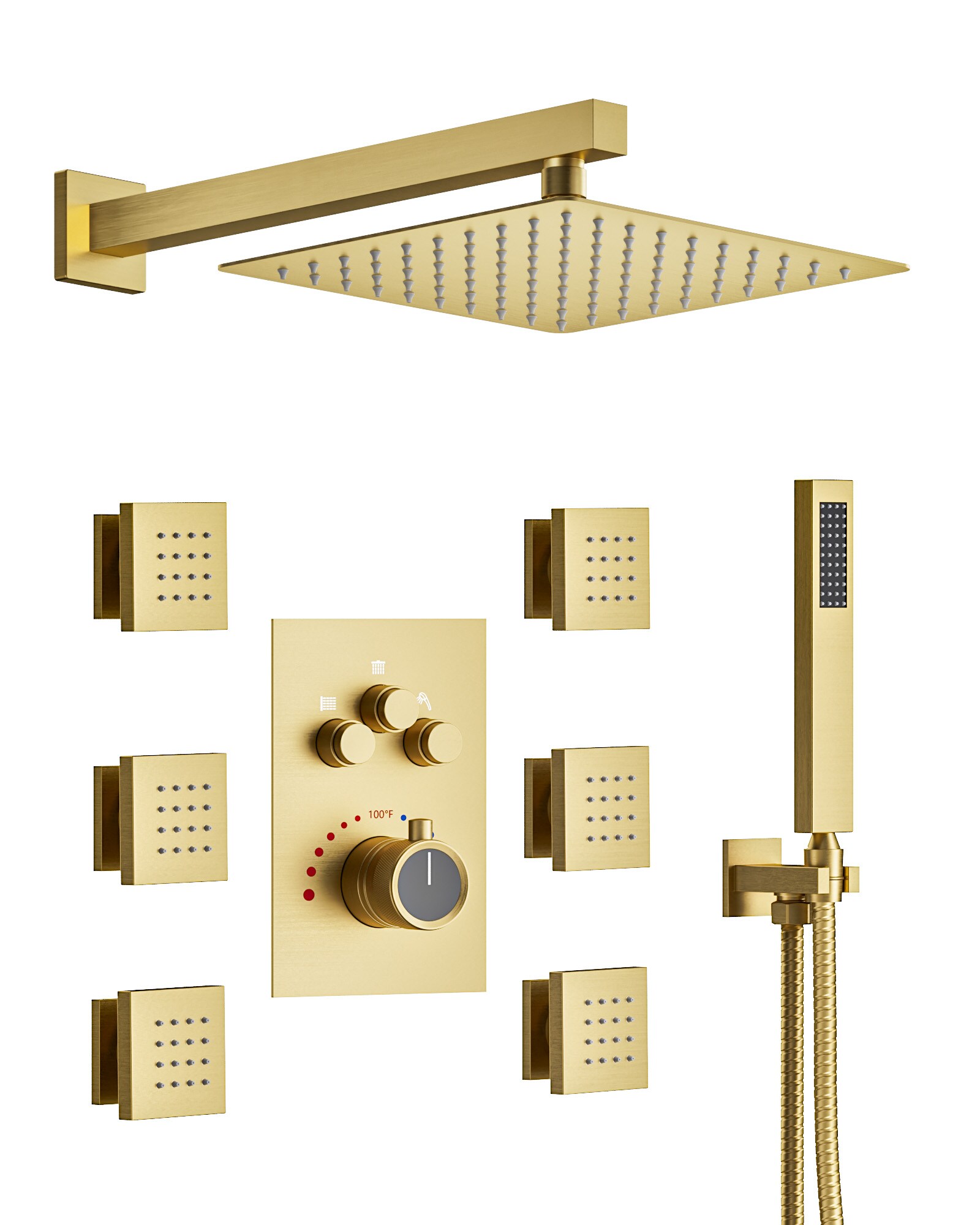 YAWWALK - 12 in Rainfall Shower System with 6 Body Jets and 3-Button Control Handheld Wand Therm...