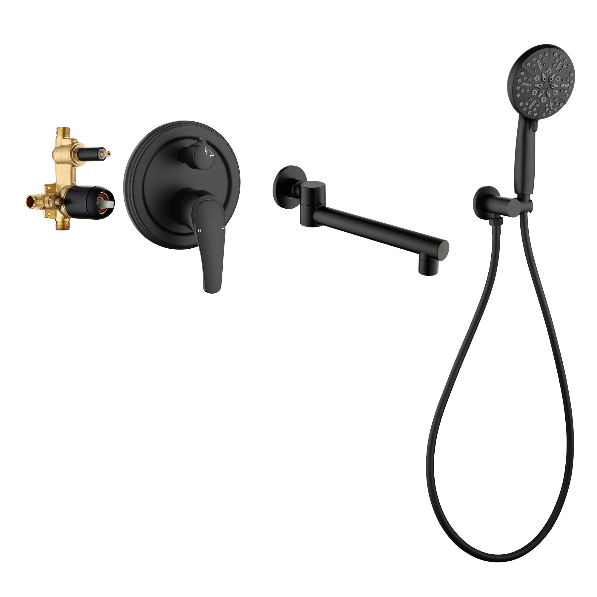 Boyel Living Matte Black Wall Mount Tub Faucet Brass 2-Func Valve 180 Degrees Rot Spout 7-Func Handheld cUPC