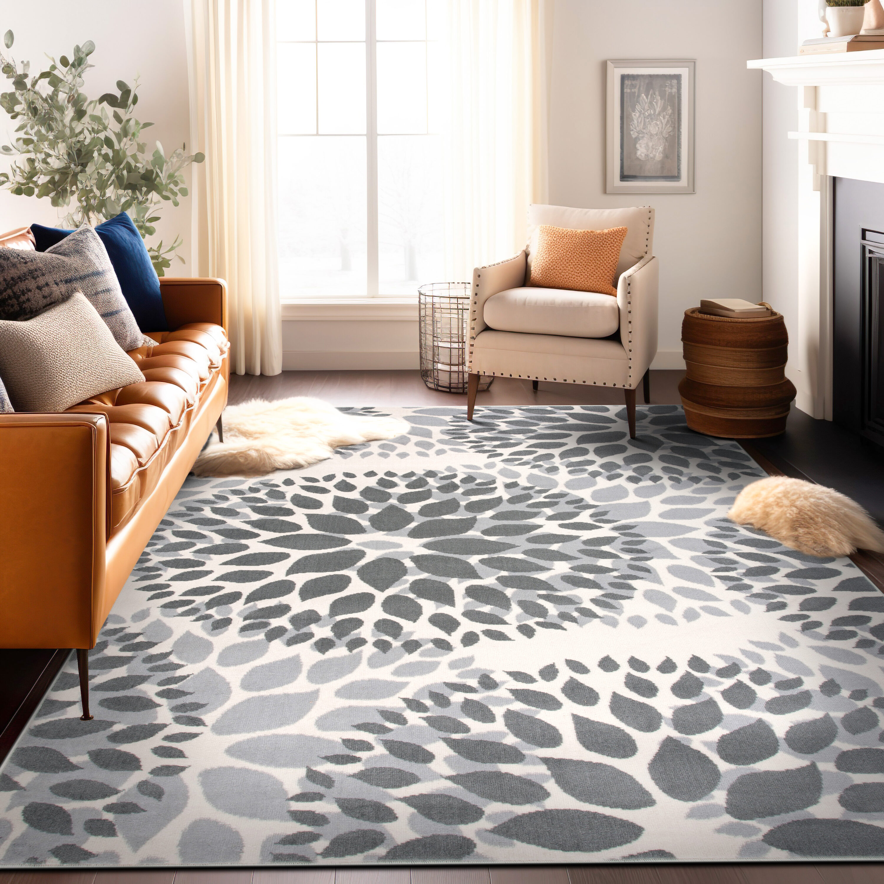 World Rug Gallery 9099 GRAY 5X7 Hudson 5 x 7 (ft) Loomed Polypropylene Gray Rectangular Indoor Floral/Botanical Mid-Century Modern Area rug