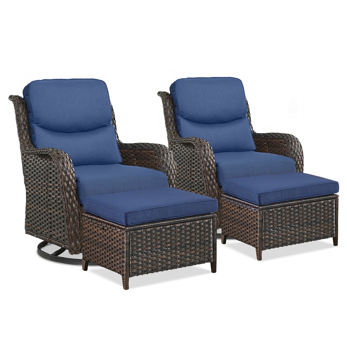 Rilyson FS023XL014-1 Smiley Set of 2 Wicker Brown Wicker Frame Swivel glider Conversation Chair with Brown Blue Cushioned Seat