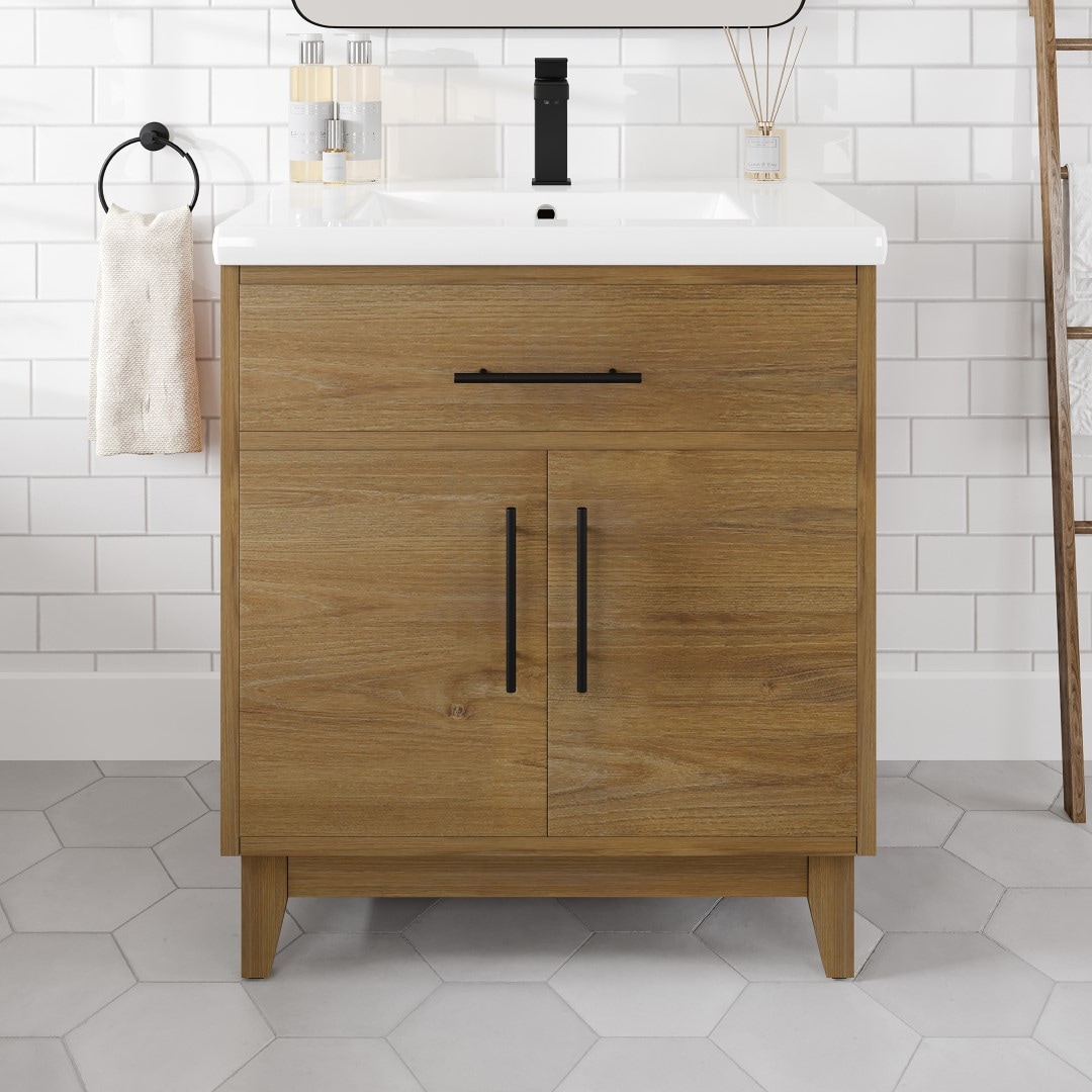 Eviva EVVN616-30OAK Graham 30-in Oak Single Sink Bathroom Vanity with White Porcelain Top
