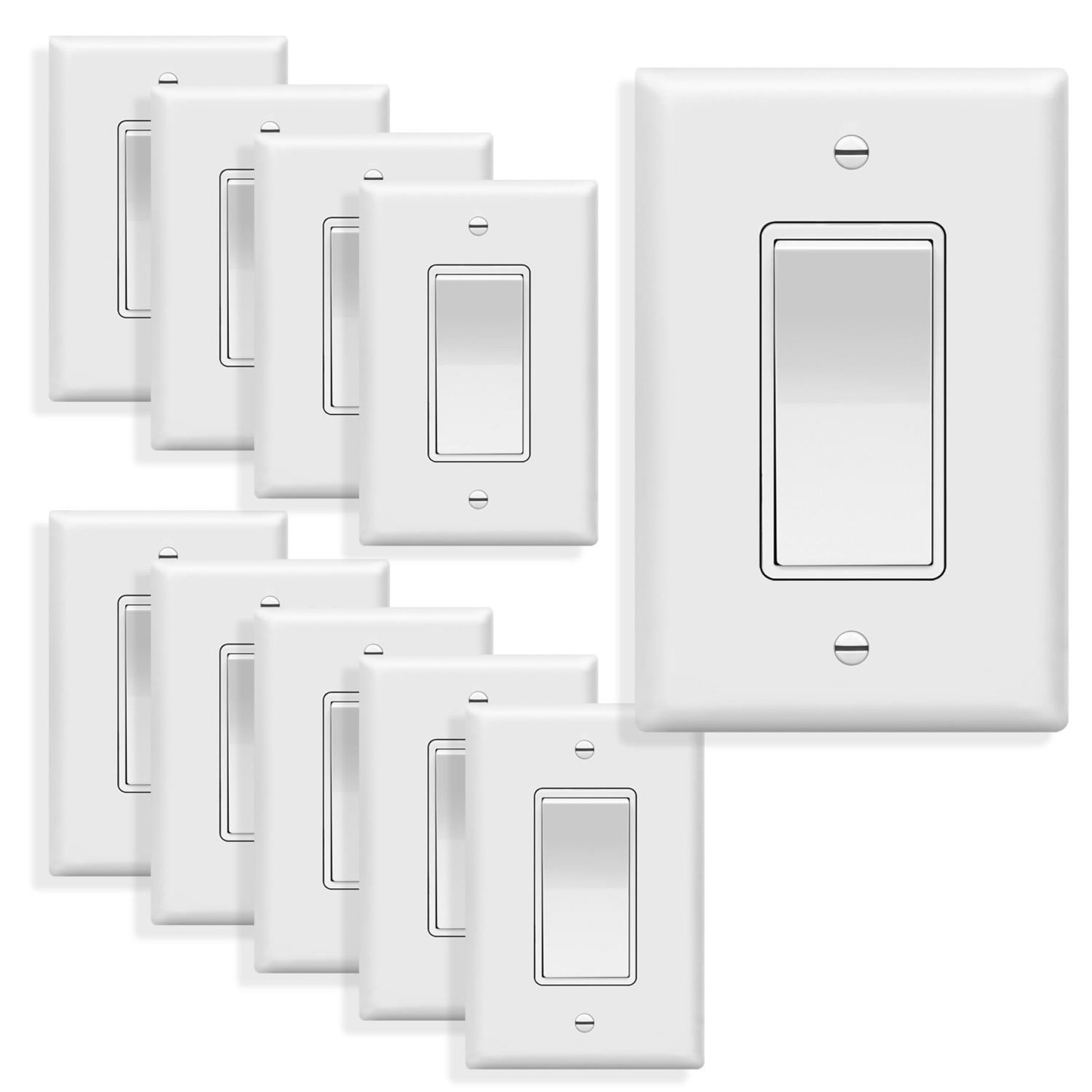 TOPGREENER 91150-WMWP10P 15A Decorator Switch 15-amp Single-pole Rocker Light Switch with Wall Plate, White 10 -Pack