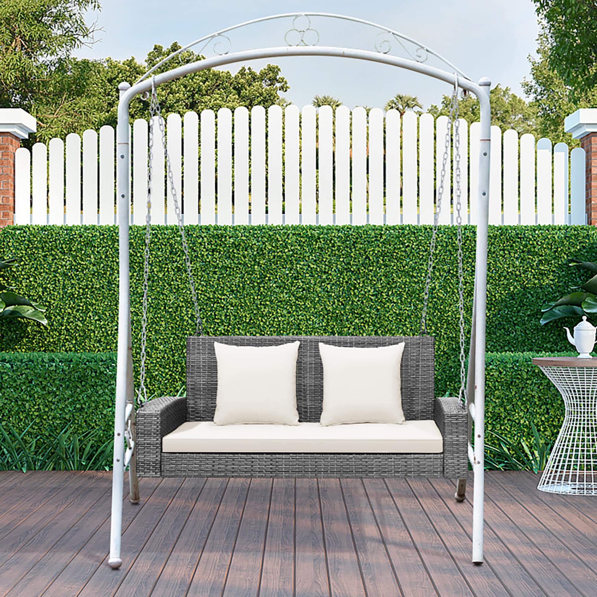 Gray Steel Frame Porch Swing with White Cushions