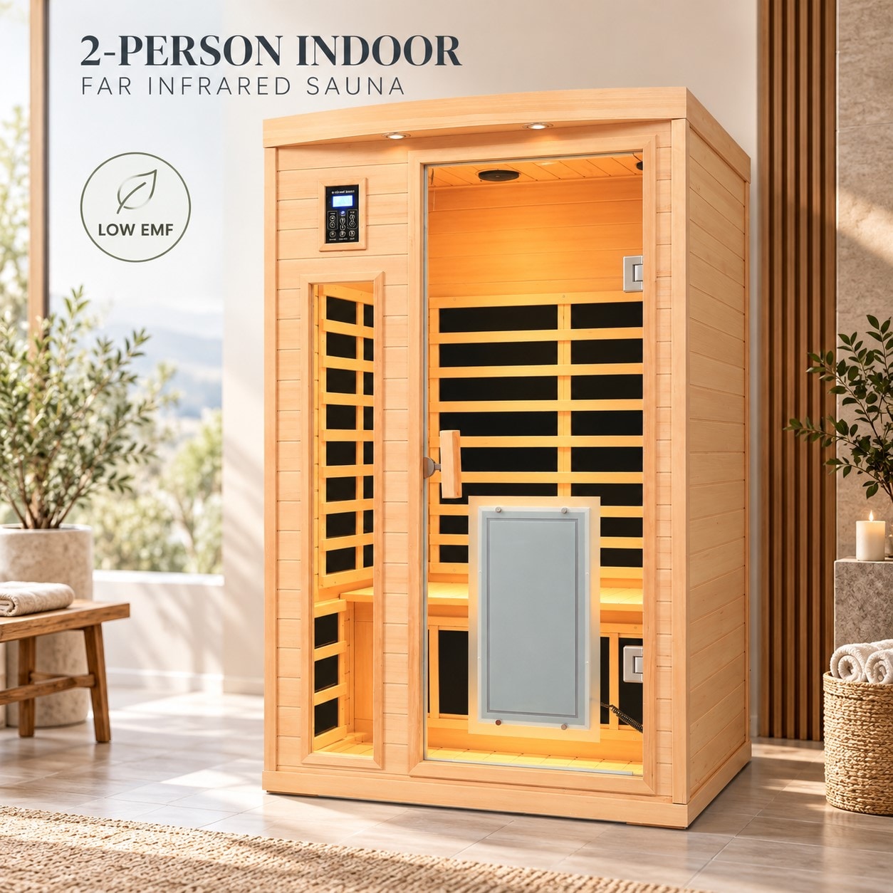 HBUDS 2 Person Hemlock Low EMF Far Infrared Sauna Room with Glass Door Heater for Indoor Home #HB-PGP3016