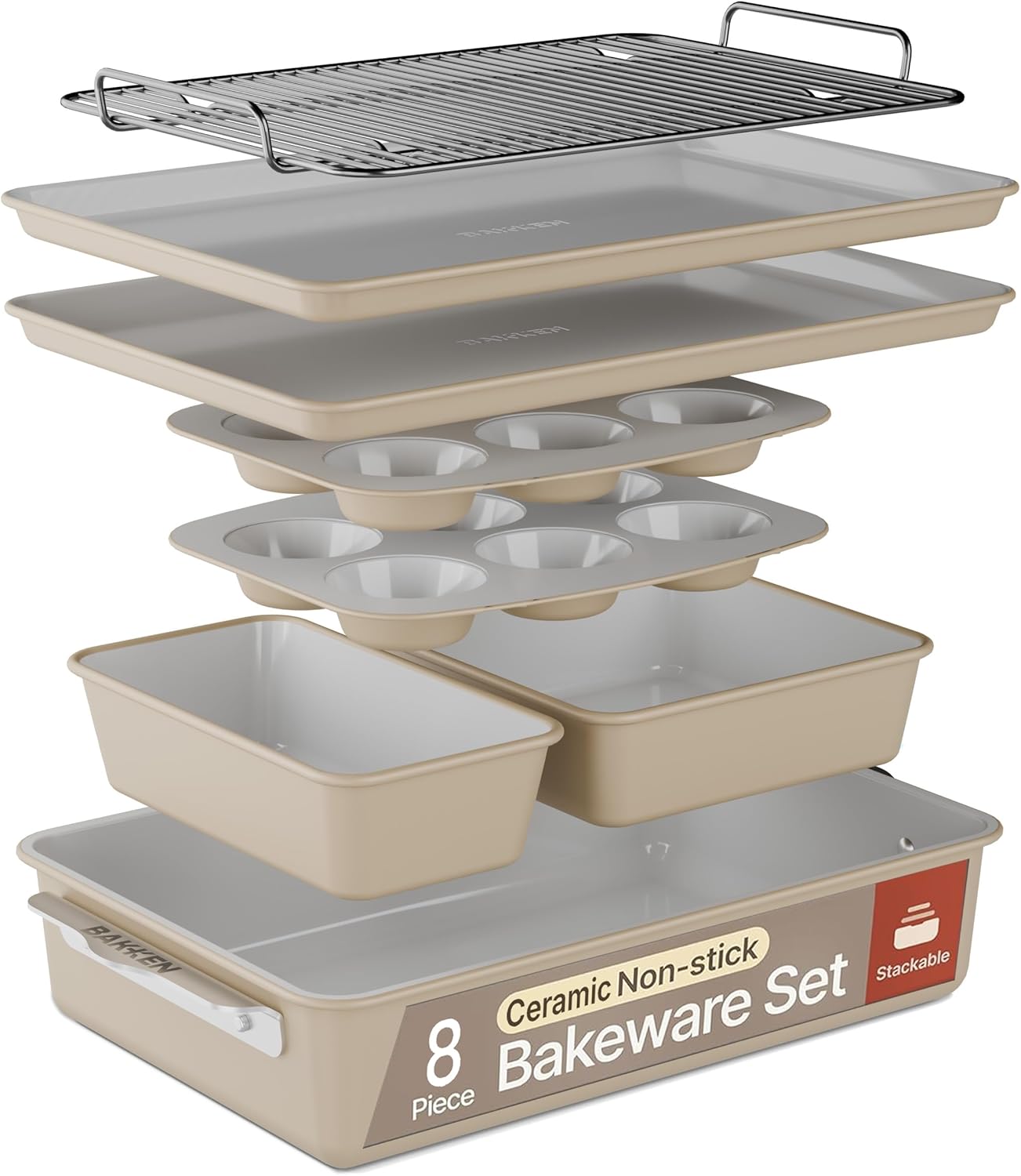 Bakken Swiss Bakken 8 Piece Stackable Bakeware Set Ceramic Nonstick Baking Sheets and Pans Oven Safe Includes Cooling Rack PTFE PFOA PFOS Free Ergonomic Handles Durable Non Toxic Bakeware for Home Kitchen