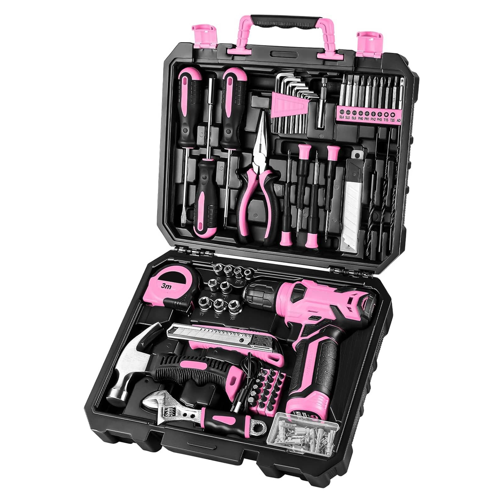 Etokfoks 8V Pink Cordless Drill Set with 126 pcs Home Tool Kit for Women Includes Hex Nut Screwdriver and Magnetic Bits Holder #EFT1004J01
