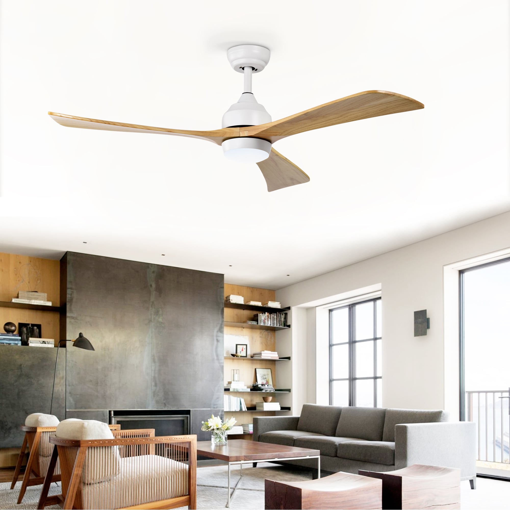 Blisstyle 52-in White with Modern Wooden Solid Wood Blades Ceiling Fan With Light and Remote Control Included 3-Blade