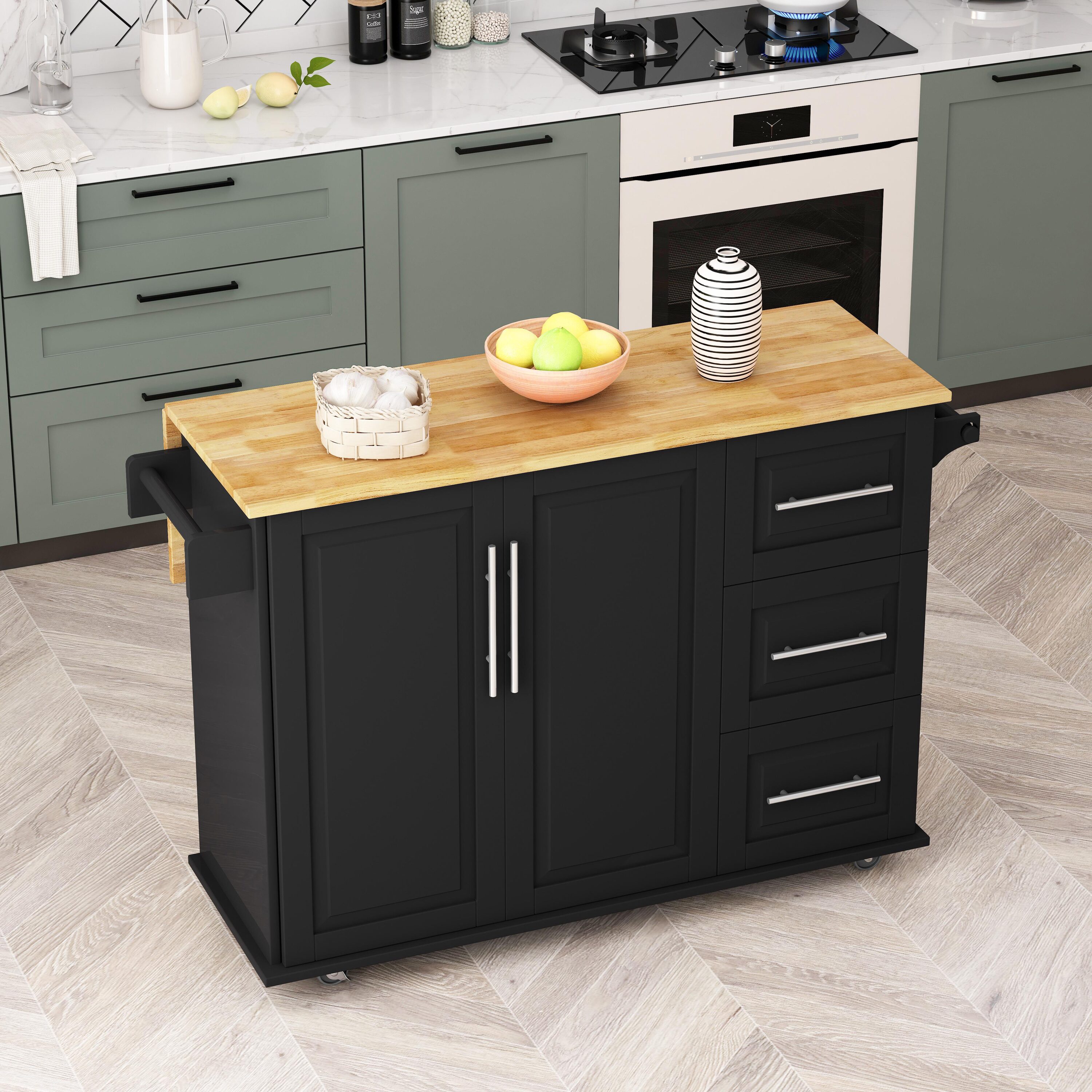 Bayfeve Kitchen Island with Drop Leaf, Kitchen Storage Cart with 3 Tier Pull Out Cabinet Organizer, Internal Storage Rack, Rolling Kitchen Cart on Wheels with Towel Rack, 2 Drawers, for Kitchen, Black