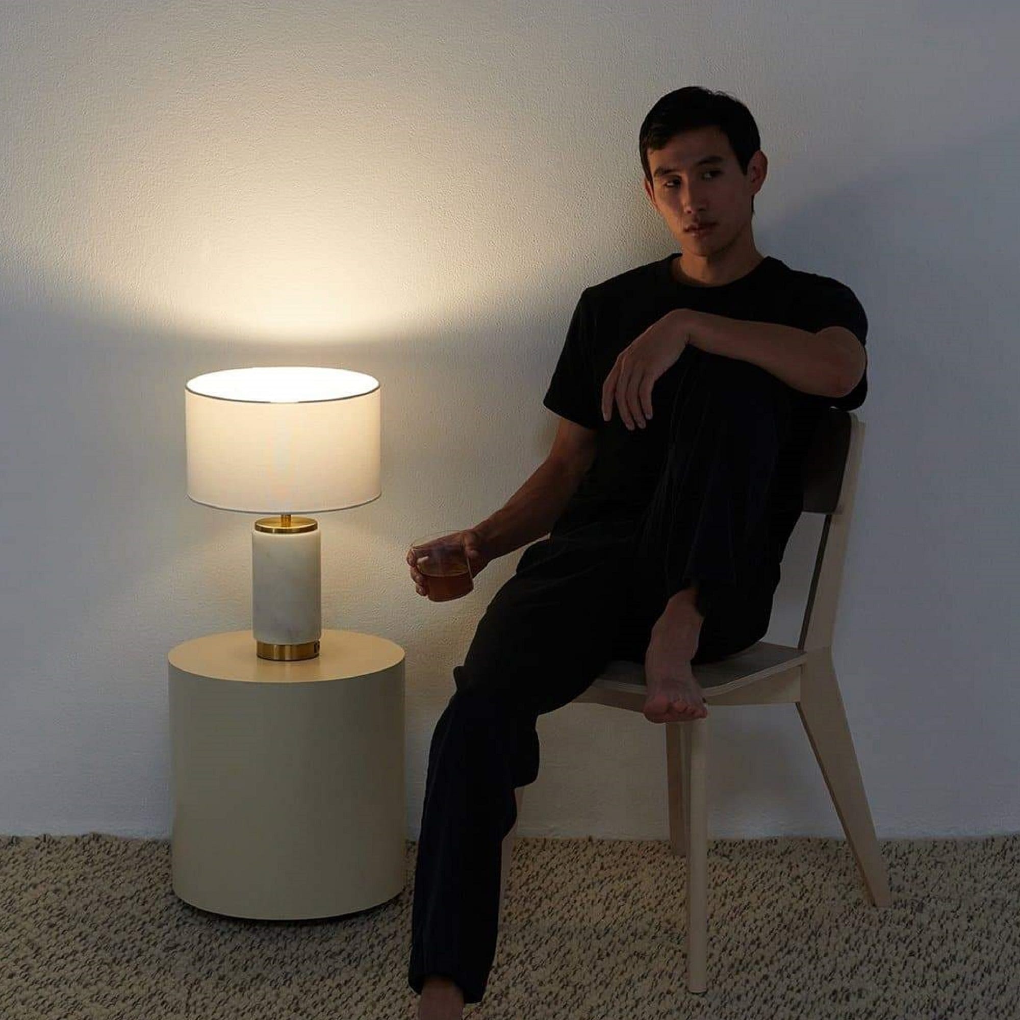 White Marble LED Table Lamp with USB Port and Brass Accents
